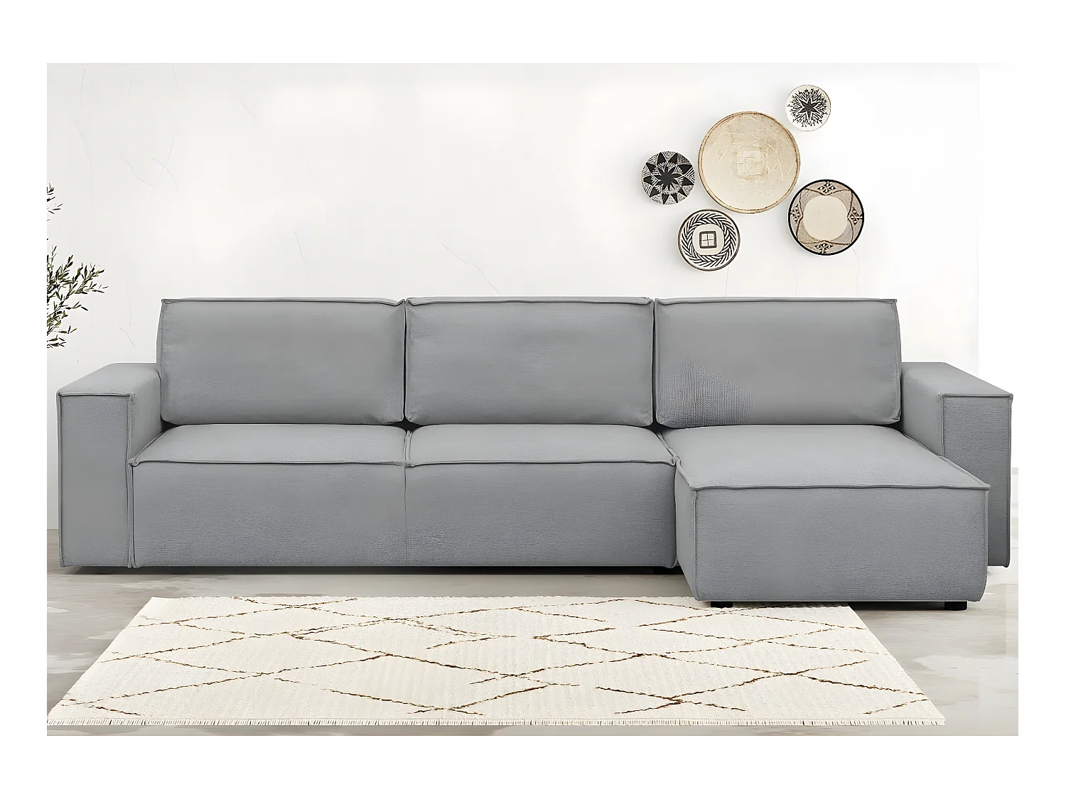 Canapé d'angle convertible réversible 5 places avec coffre de rangement en tissu chiné gris - Harper