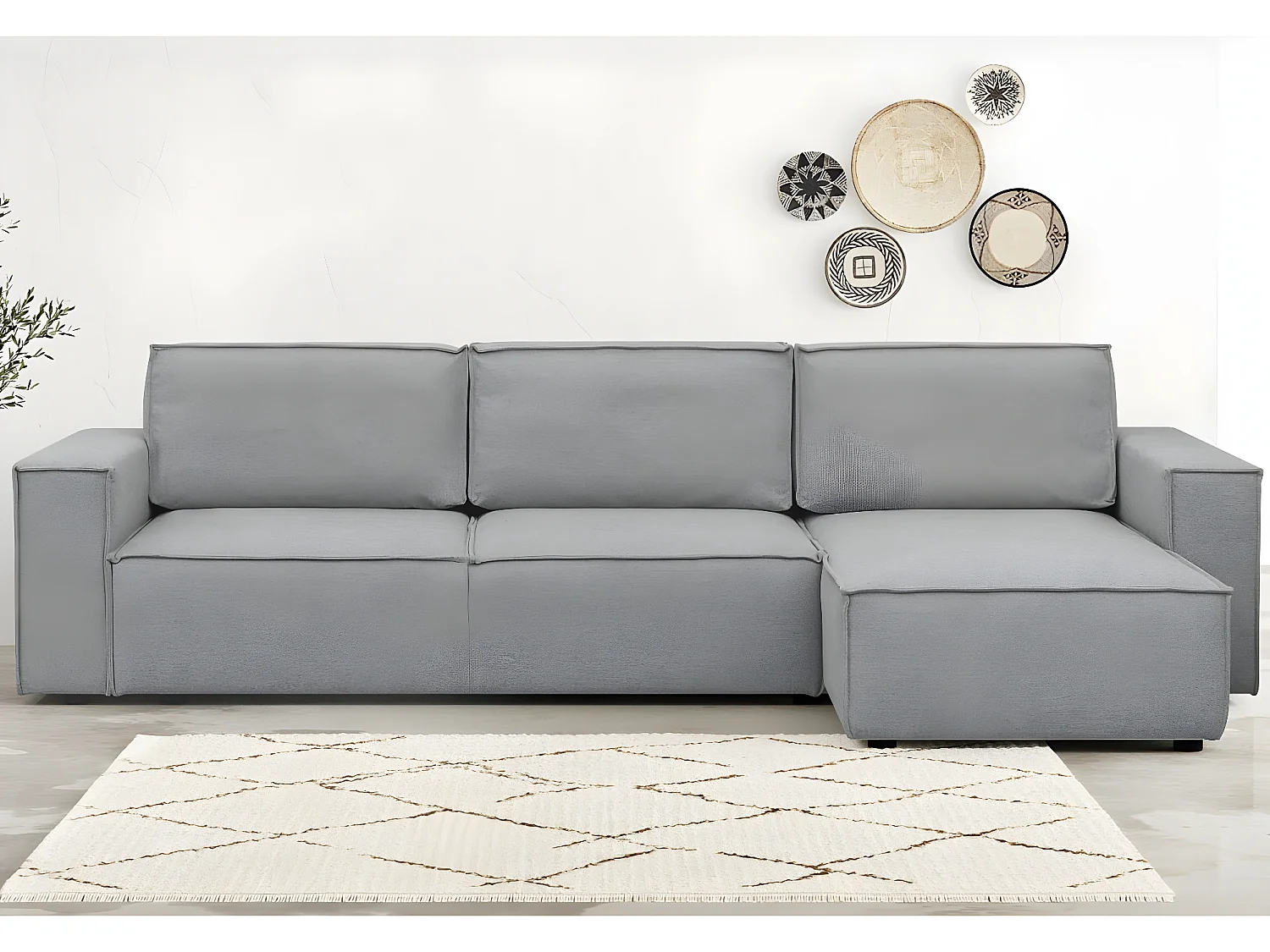 Canapé d'angle convertible réversible 5 places avec coffre de rangement en tissu chiné gris - Harper