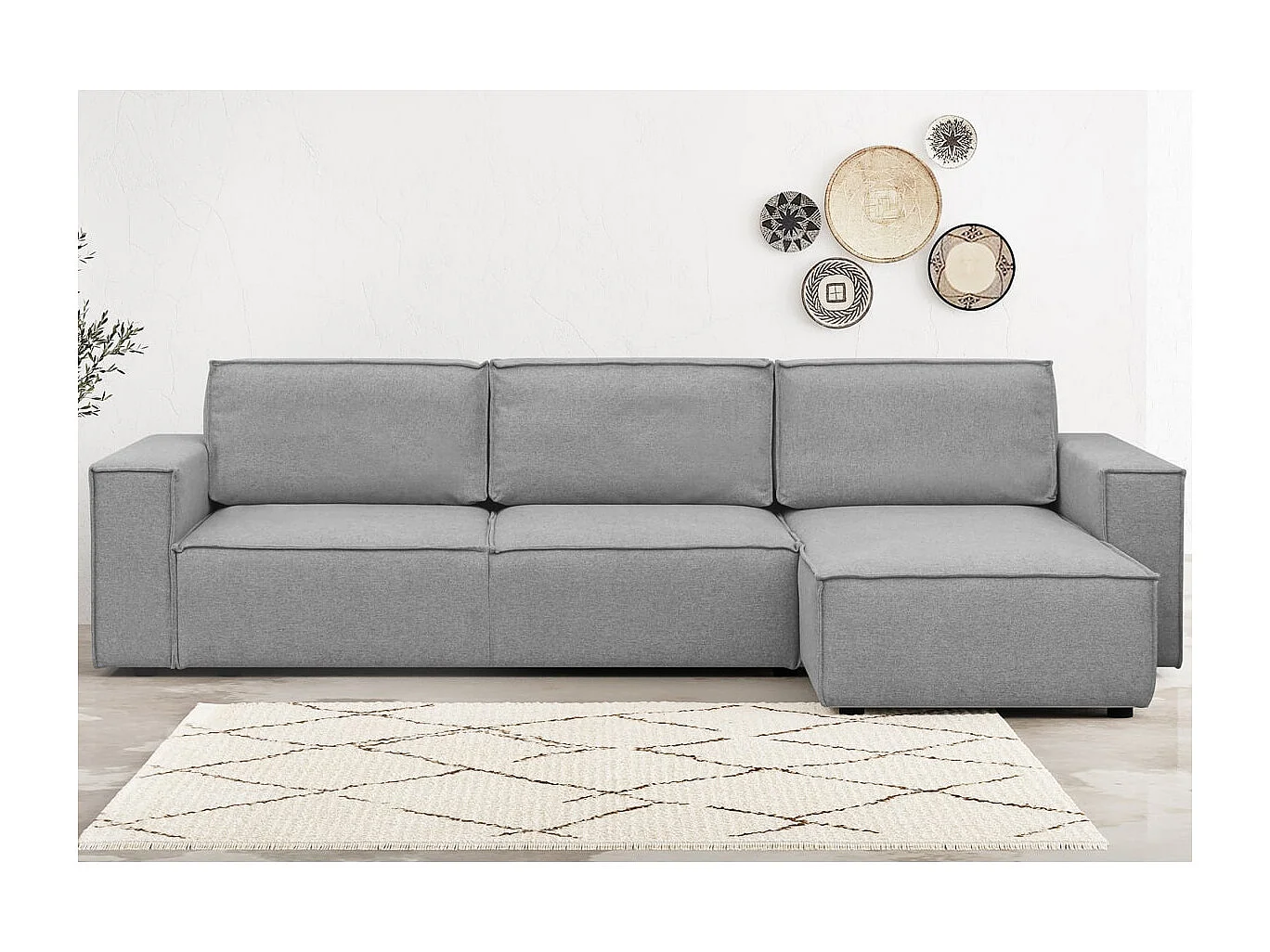 Canapé d'angle convertible réversible 5 places avec coffre de rangement en tissu chiné gris - Harper