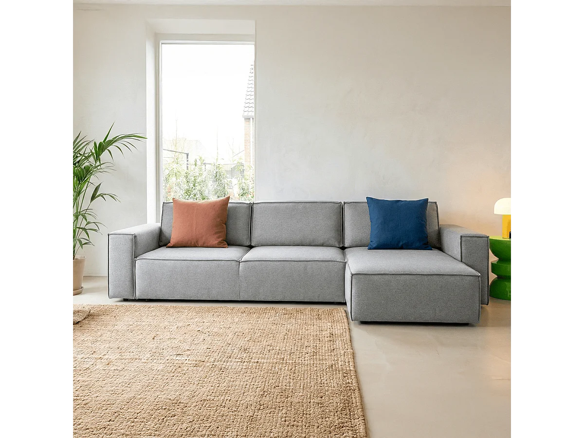 Canapé d'angle convertible réversible 5 places avec coffre de rangement en tissu chiné gris - Harper