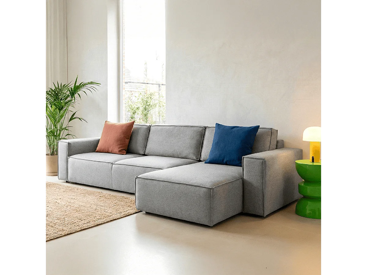 Canapé d'angle convertible réversible 5 places avec coffre de rangement en tissu chiné gris - Harper