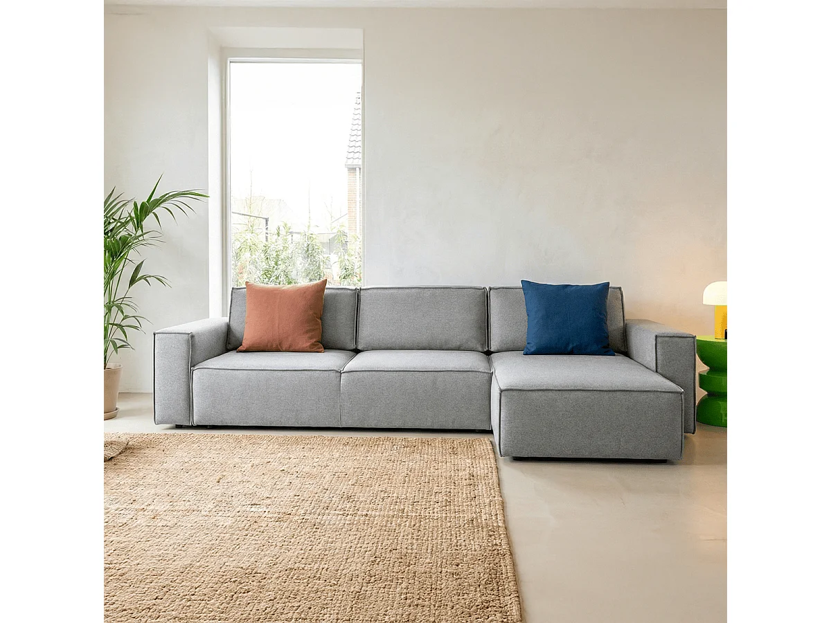 Canapé d'angle convertible 5 places avec coffre en tissu gris