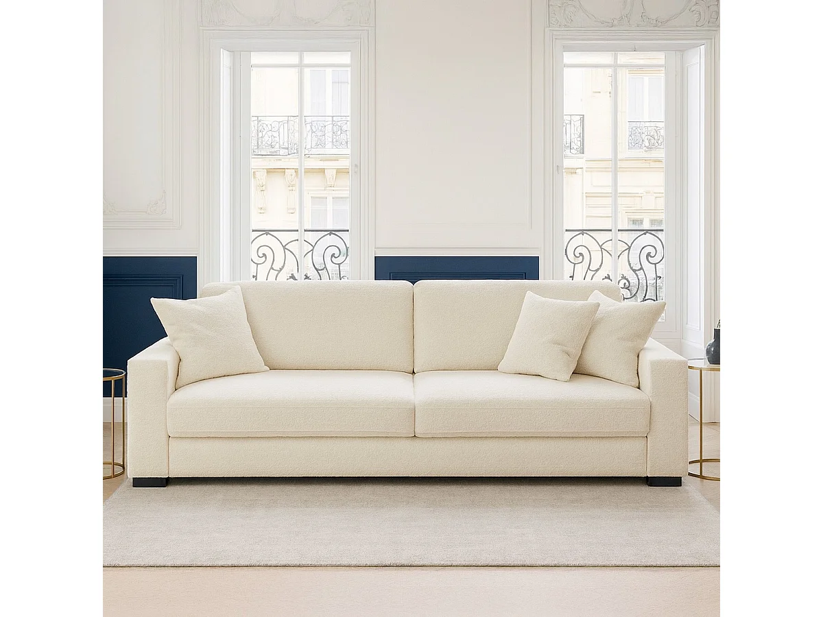 Canapé convertible 3 places en tissu bouclette écru avec coffre de rangement - Robin
