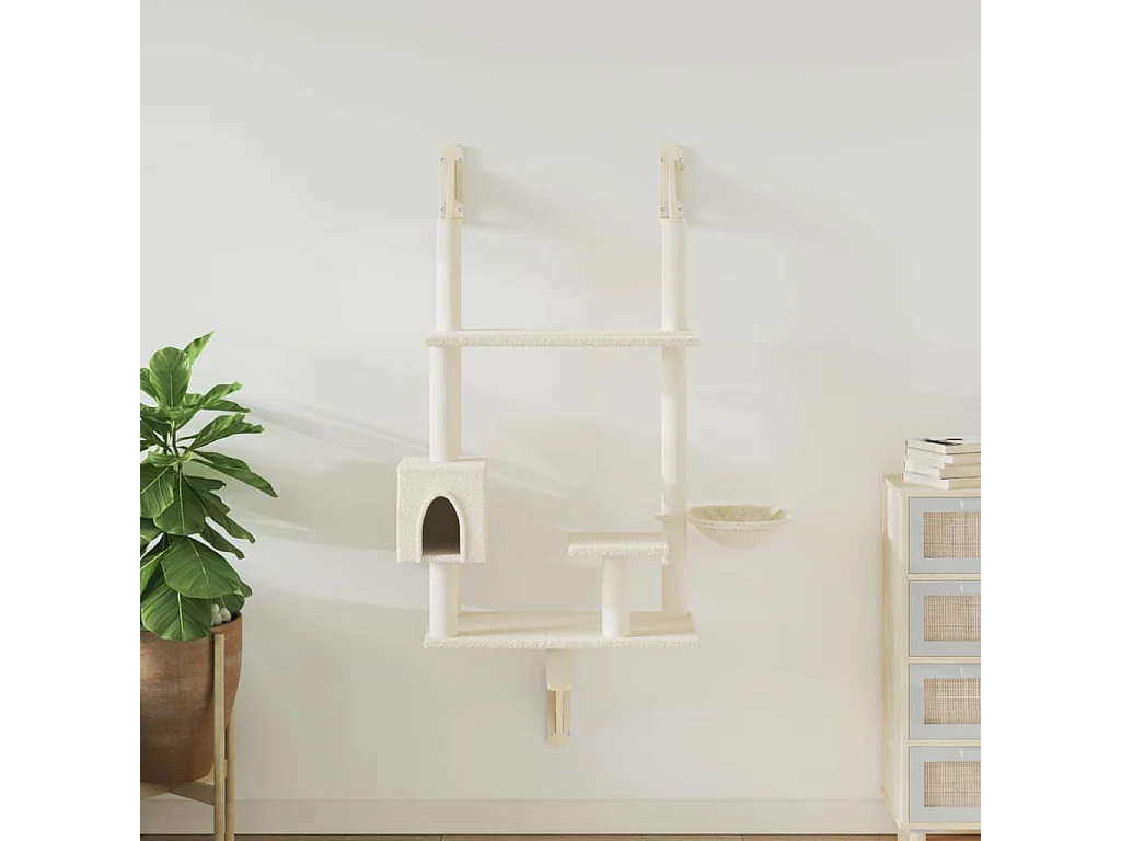 Arbre à chat mural avec griffoir crème 153 cm