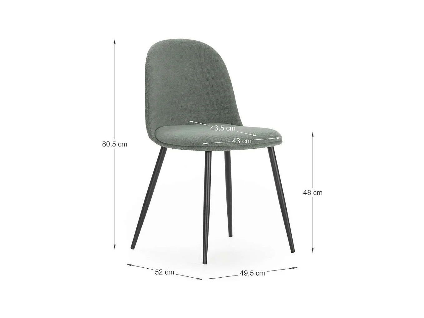 Pack de 4 sillas para cocina o comedor Dalila tapizado textil verde, 48/80cm(alto) 49.5cm(