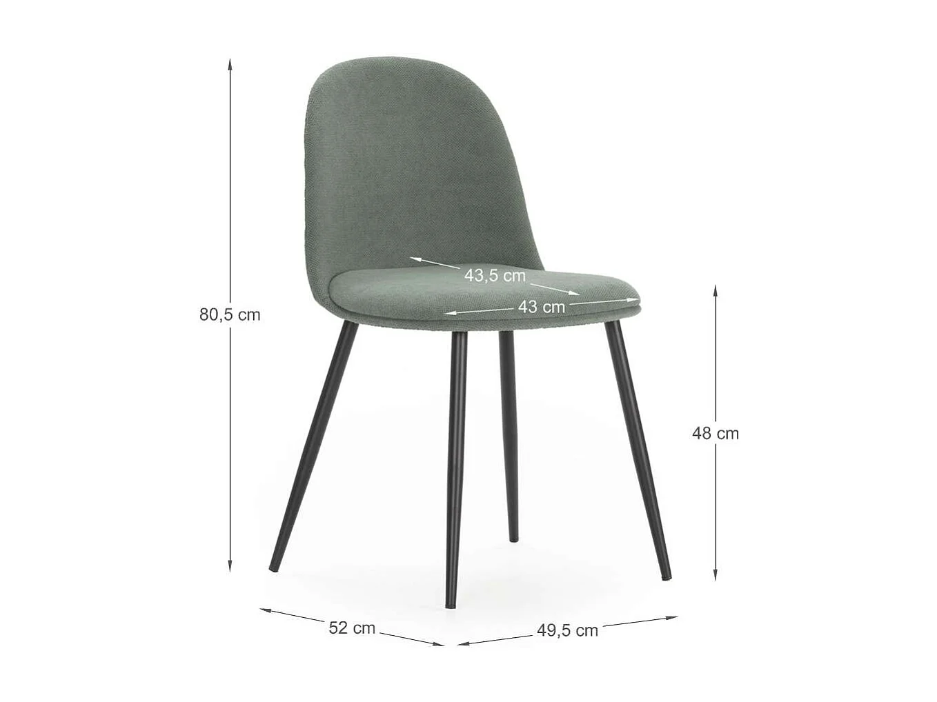 Pack de 4 sillas para cocina o comedor Dalila tapizado textil verde, 48/80cm(alto) 49.5cm(