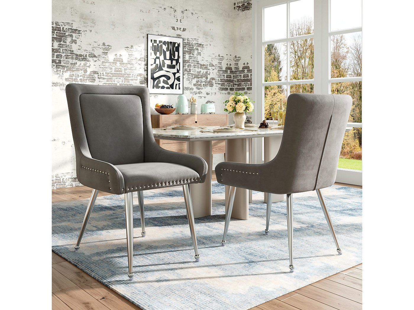 Set van 2 Eetstoelen – Grijs Fluweel met Gouden Metaal