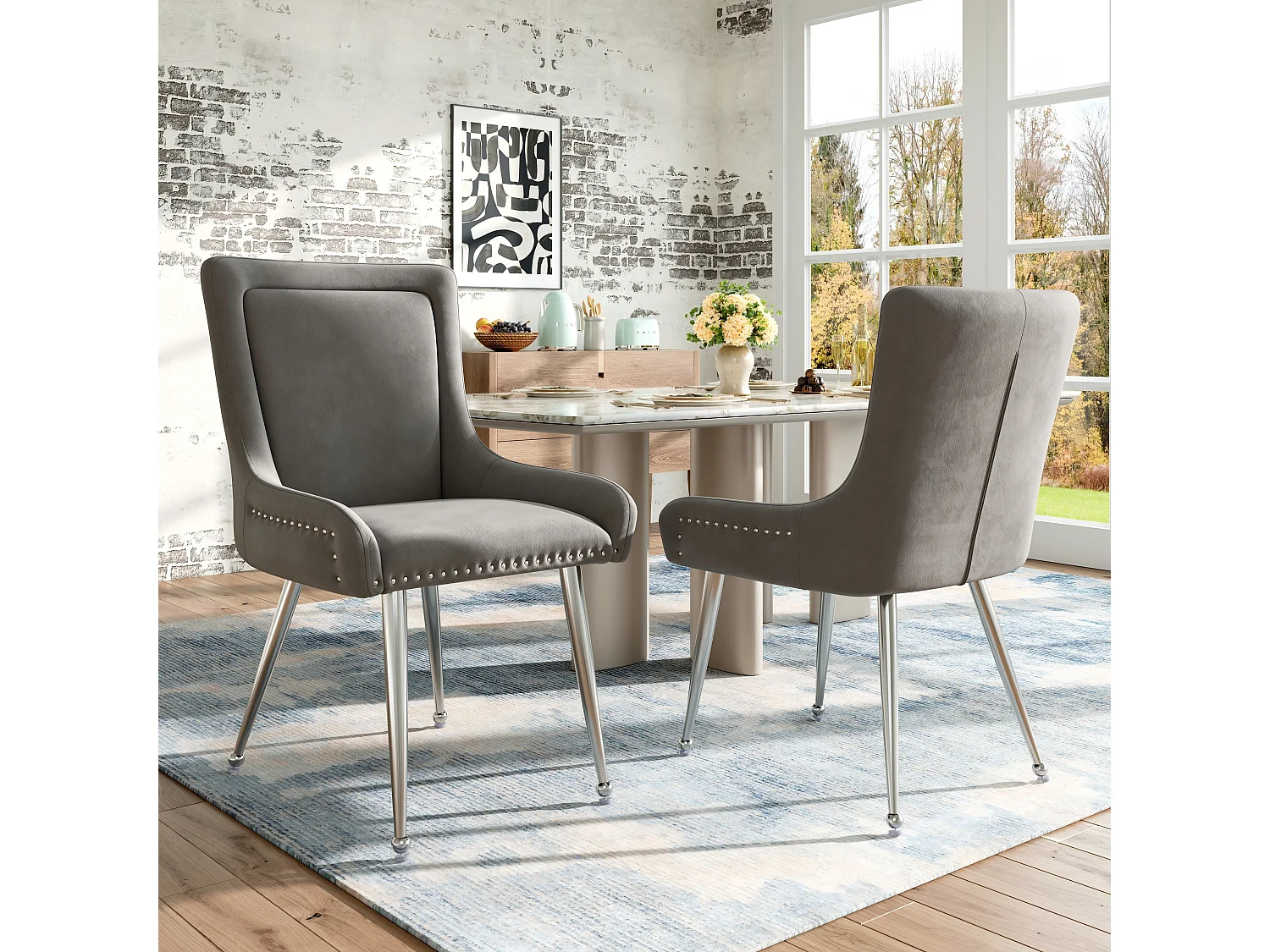 Set van 2 eetkamerstoelen, grijs fluweel, stoel met gestoffeerde rugleuning, verstelbare zilveren poten