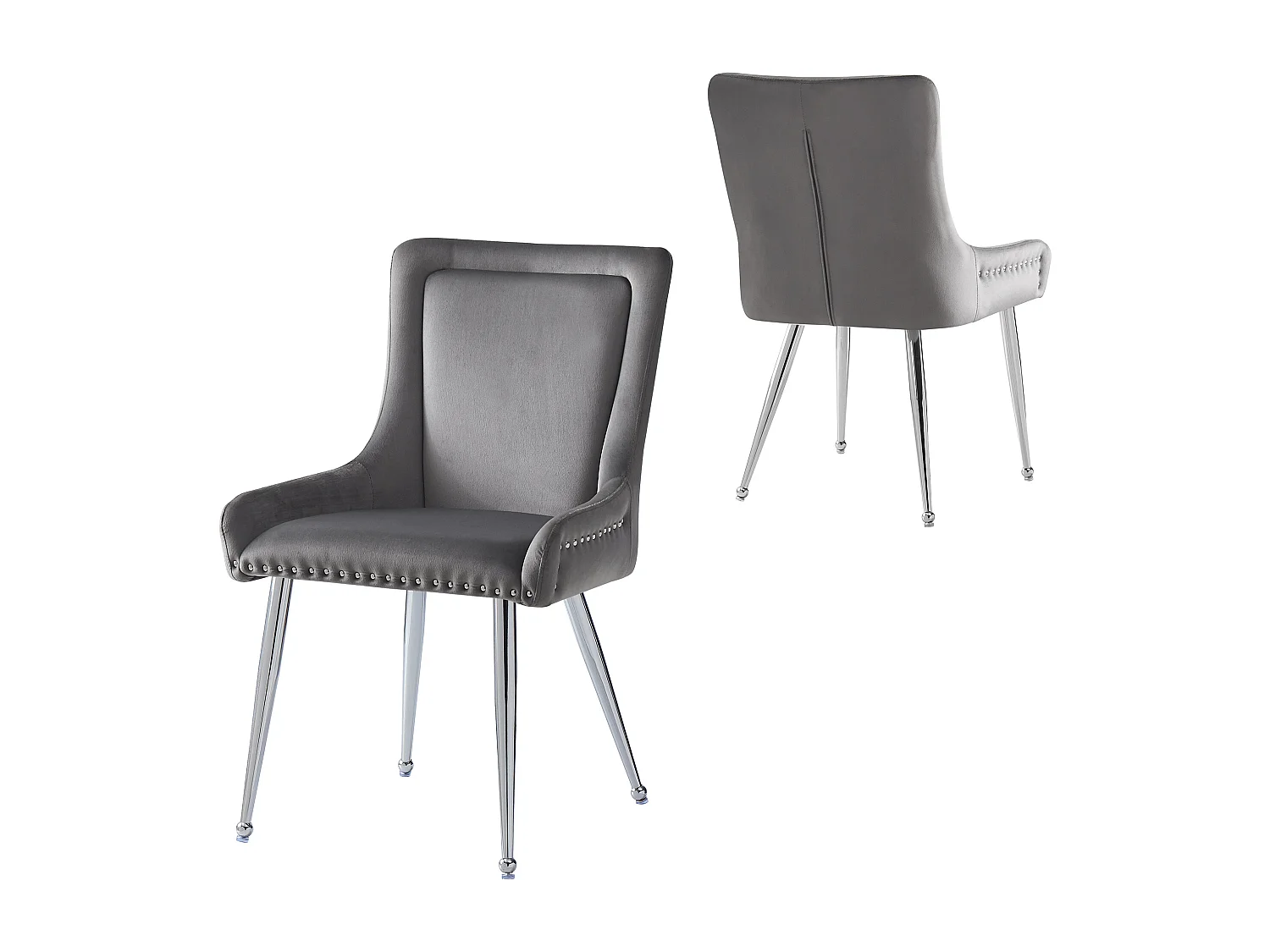 Set van 2 eetkamerstoelen, grijs fluweel, stoel met gestoffeerde rugleuning, verstelbare zilveren poten