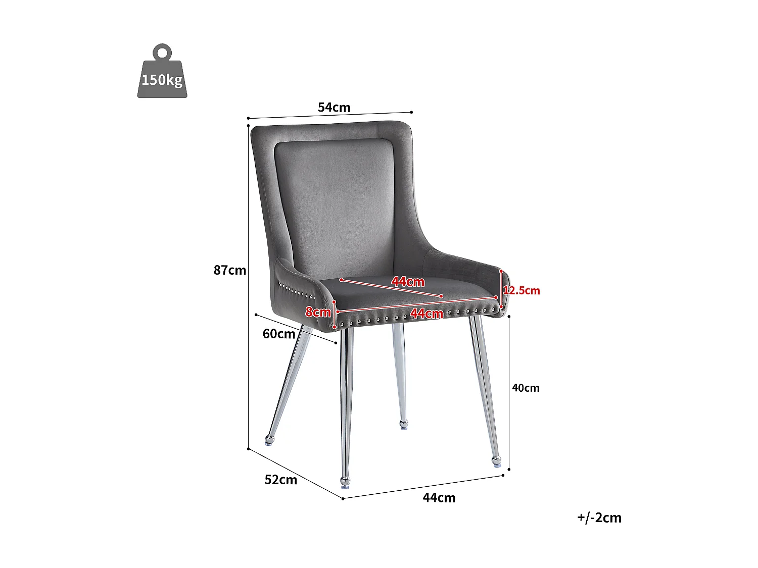 Set van 2 eetkamerstoelen, grijs fluweel, stoel met gestoffeerde rugleuning, verstelbare zilveren poten