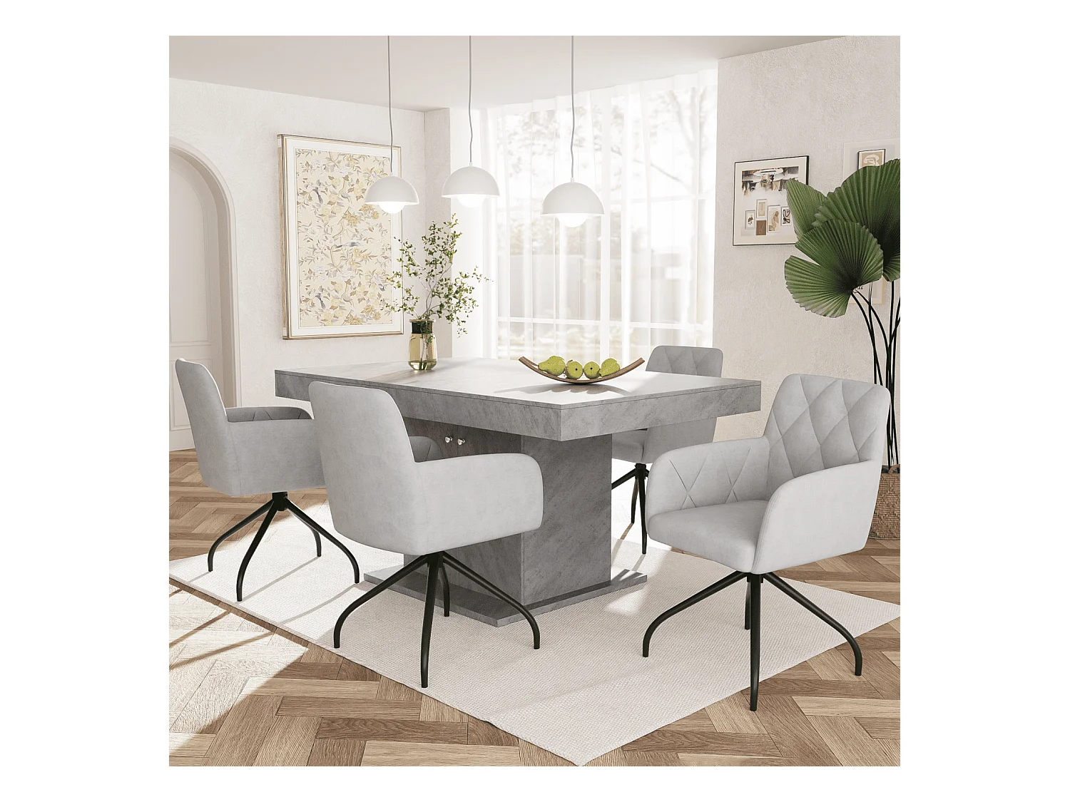 Zestaw 4 obrotowych krzeseł do jadalni, szary aksamit, krzesło z podłokietnikami i oparciem, nogi metalowe