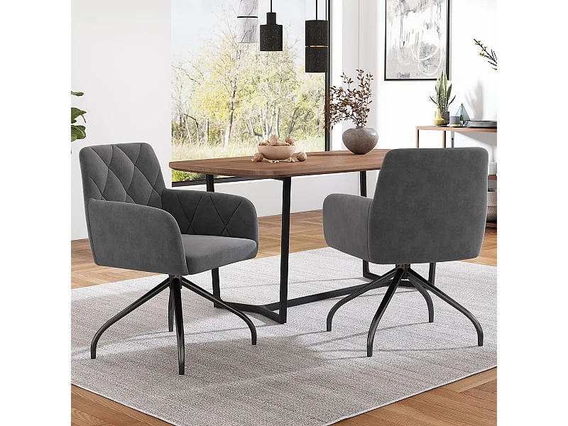 Set van 2 draaibare eetkamerstoelen, donkergrijs fluweel, stoel met armleuningen en rugleuning, metalen poten