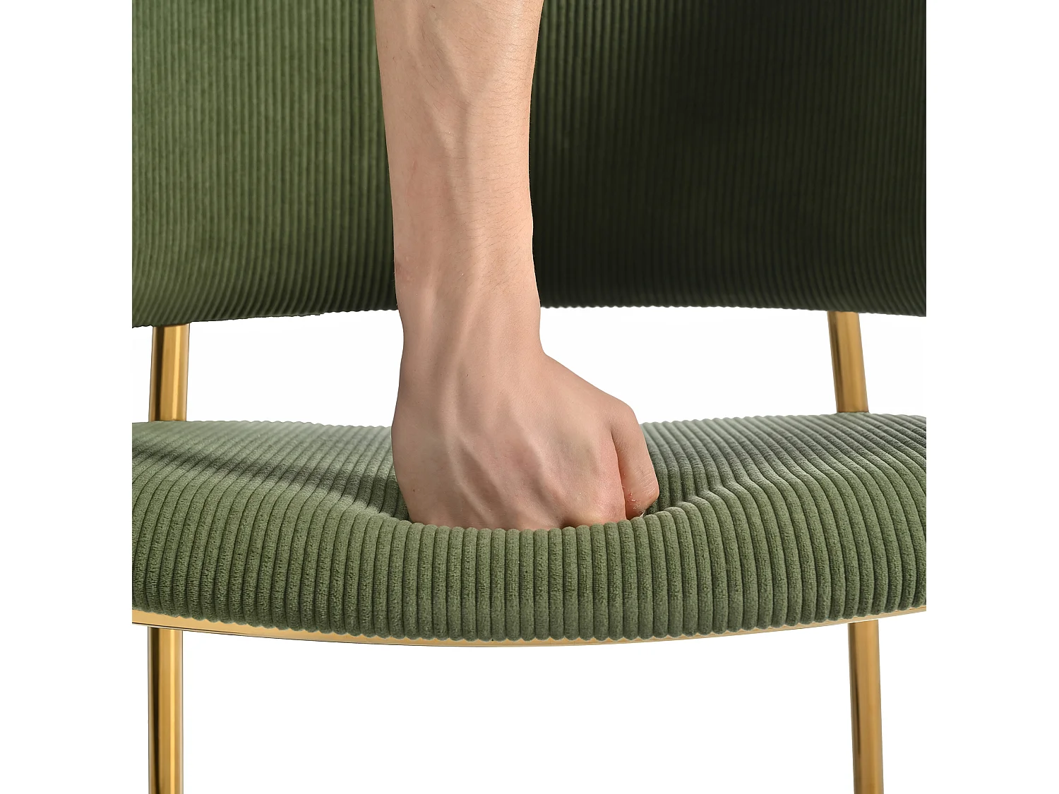 Juego de 4 sillas de pana verde con respaldo acolchado y patas doradas para sala y comedor