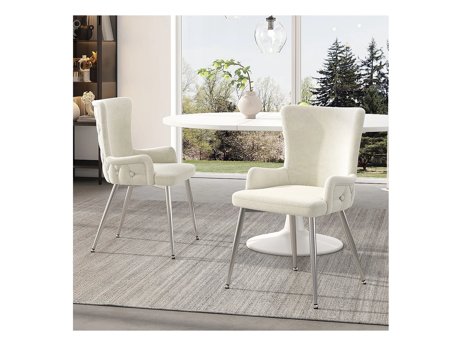 Lot de 2 chaises de salle à manger, velours beige, chaise avec dossier rembourré et pieds argentés, pour chambre et salon