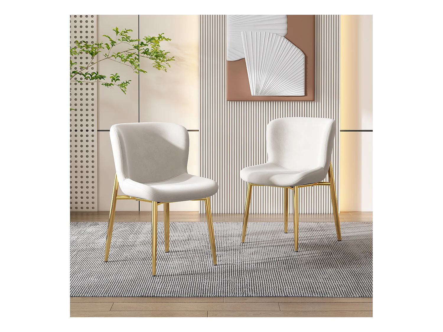 Lot de 2 chaises de salle à manger, velours beige, chaise rembourrée avec dossier, pieds en métal doré