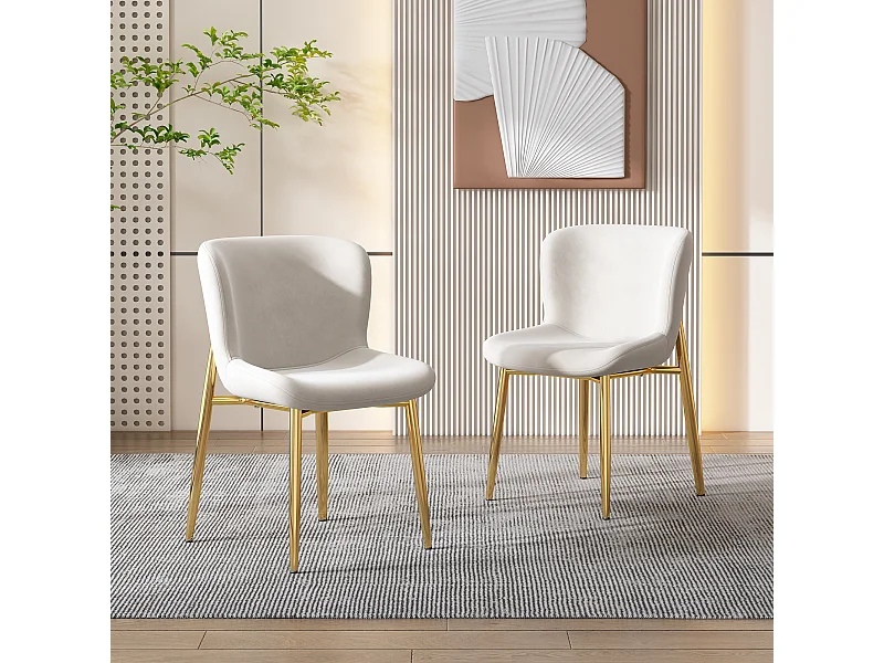 Set van 2 eetkamerstoelen, beige fluweel, gestoffeerde stoel met rugleuning, gouden metalen poten