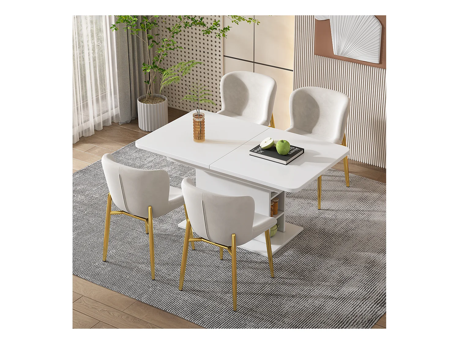 Lot de 4 chaises de salle à manger, velours beige, chaise rembourrée avec dossier, pieds en métal doré