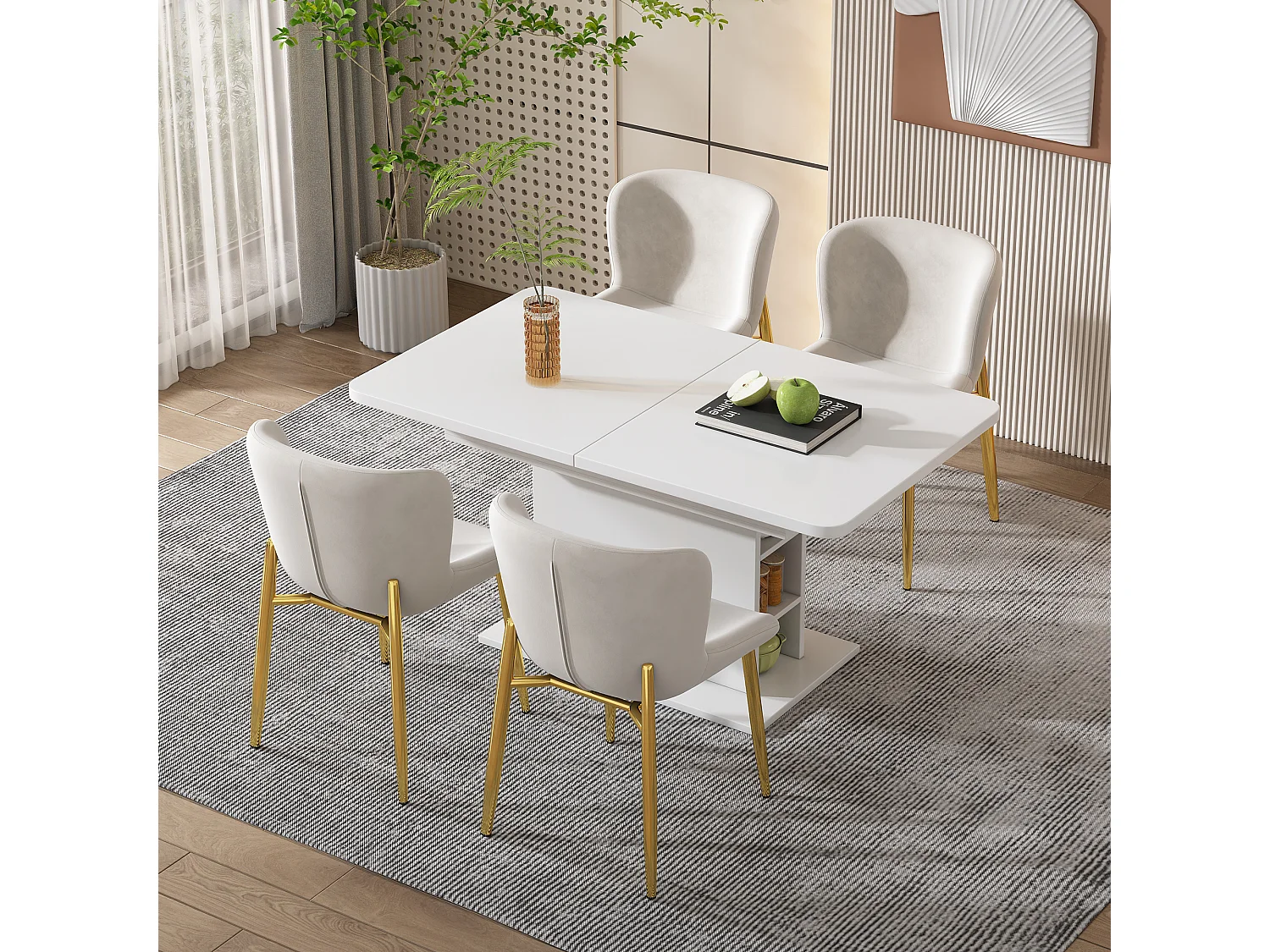 Lot de 4 chaises de salle à manger, velours beige, chaise rembourrée avec dossier, pieds en métal doré
