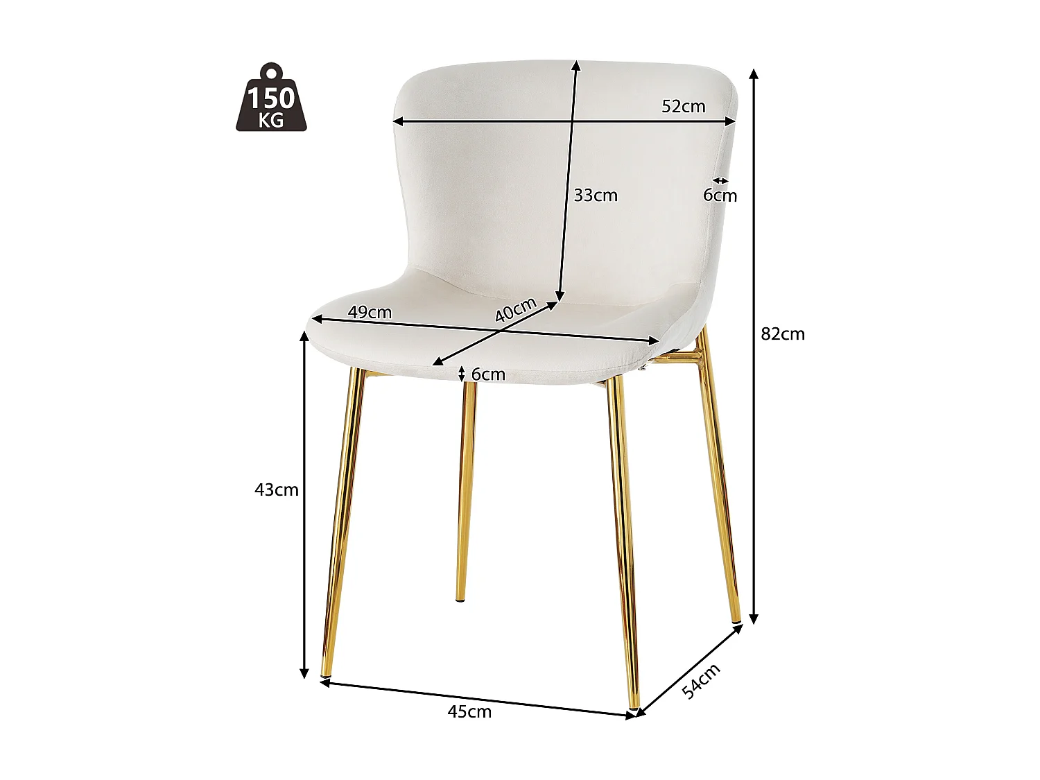 Lot de 4 chaises de salle à manger, velours beige, chaise rembourrée avec dossier, pieds en métal doré