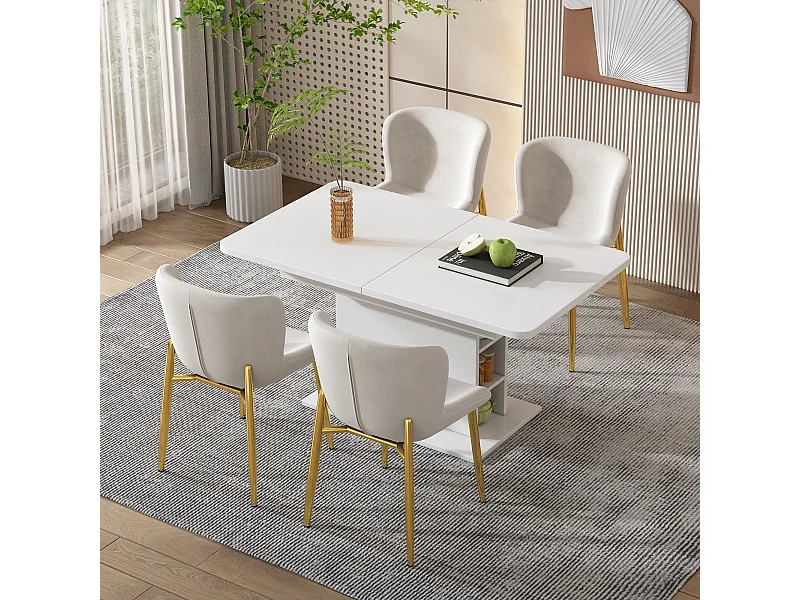 Set van 4 eetkamerstoelen, beige fluweel, gestoffeerde stoel met rugleuning, gouden metalen poten