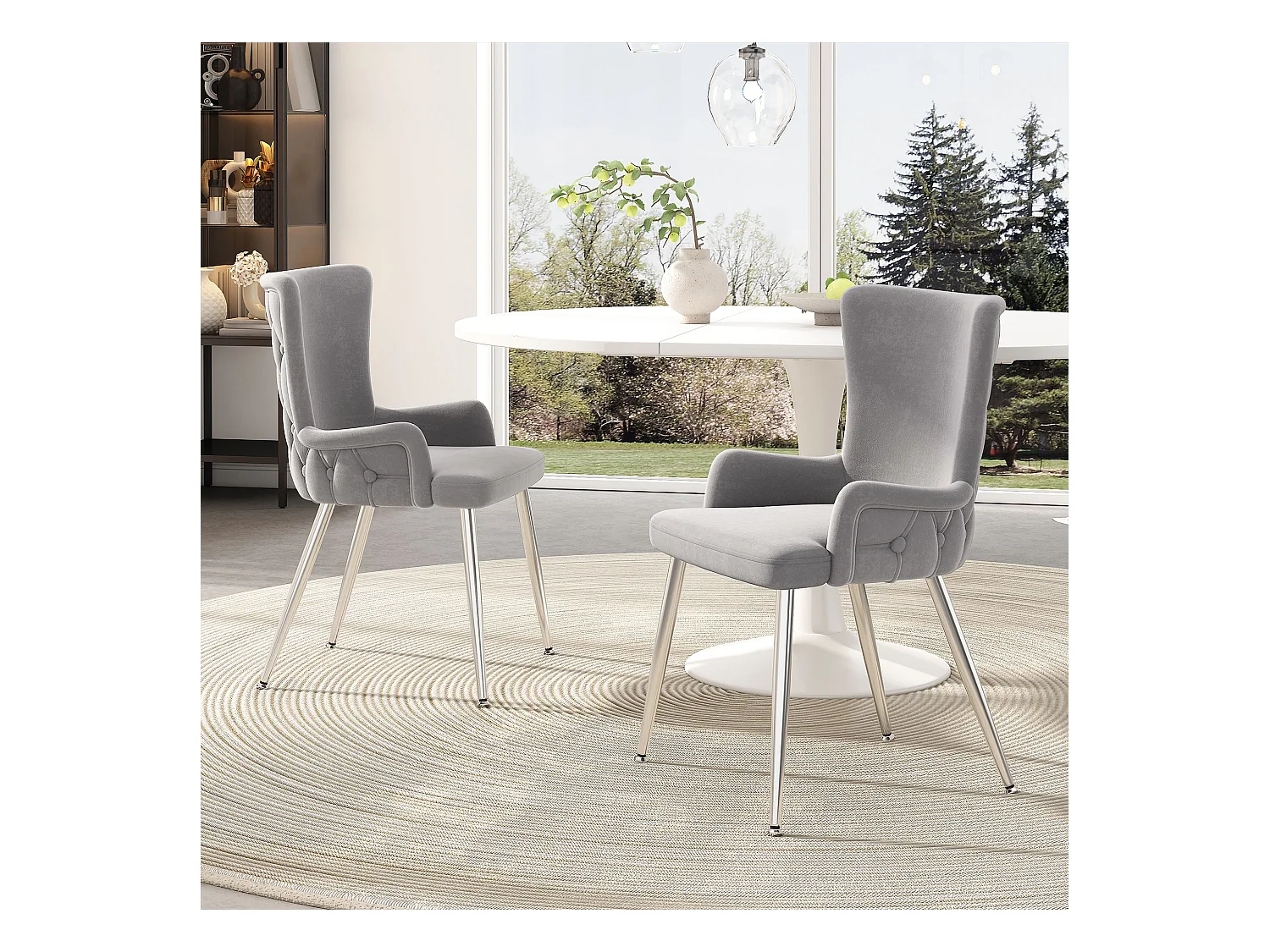Lot de 2 chaises de salle à manger, velours gris, chaise avec dossier rembourré et pieds argentés, pour chambre et salon