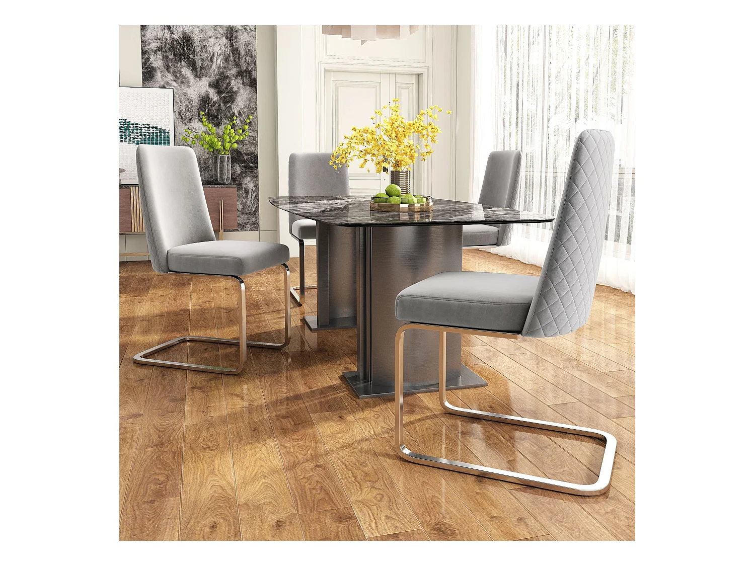 Lot de 4 chaises de salle à manger, velours gris, chaise avec dossier rembourré, pieds argentés