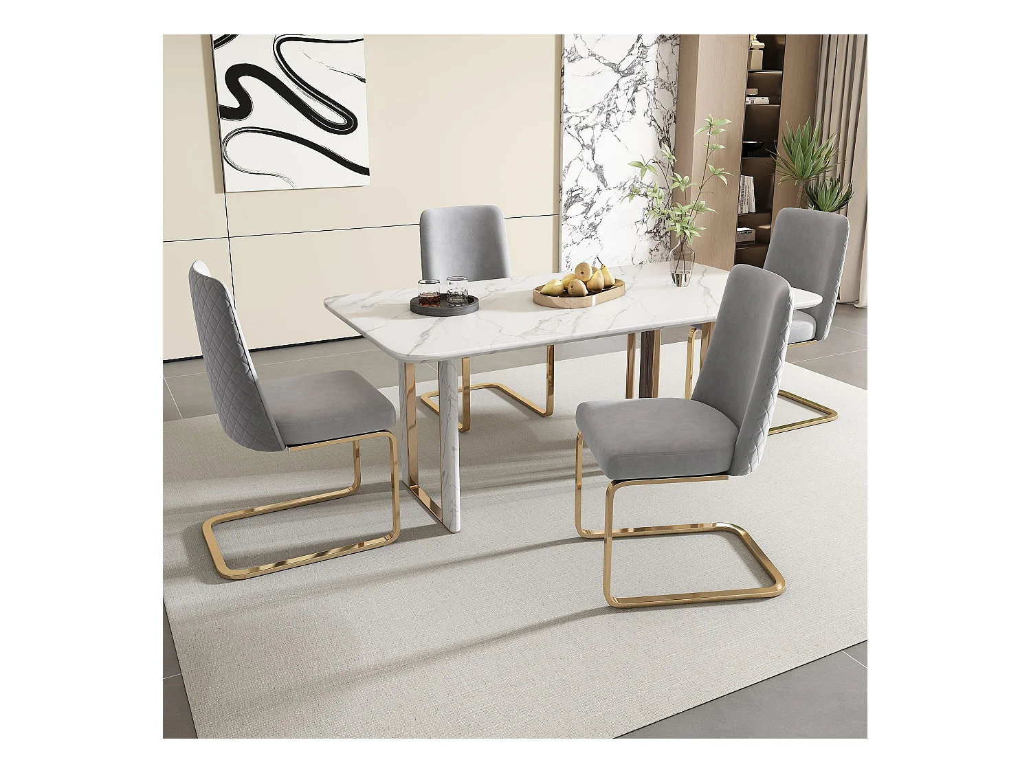 Lot de 4 chaises de salle à manger, velours gris, chaise avec dossier rembourré, pieds dorés