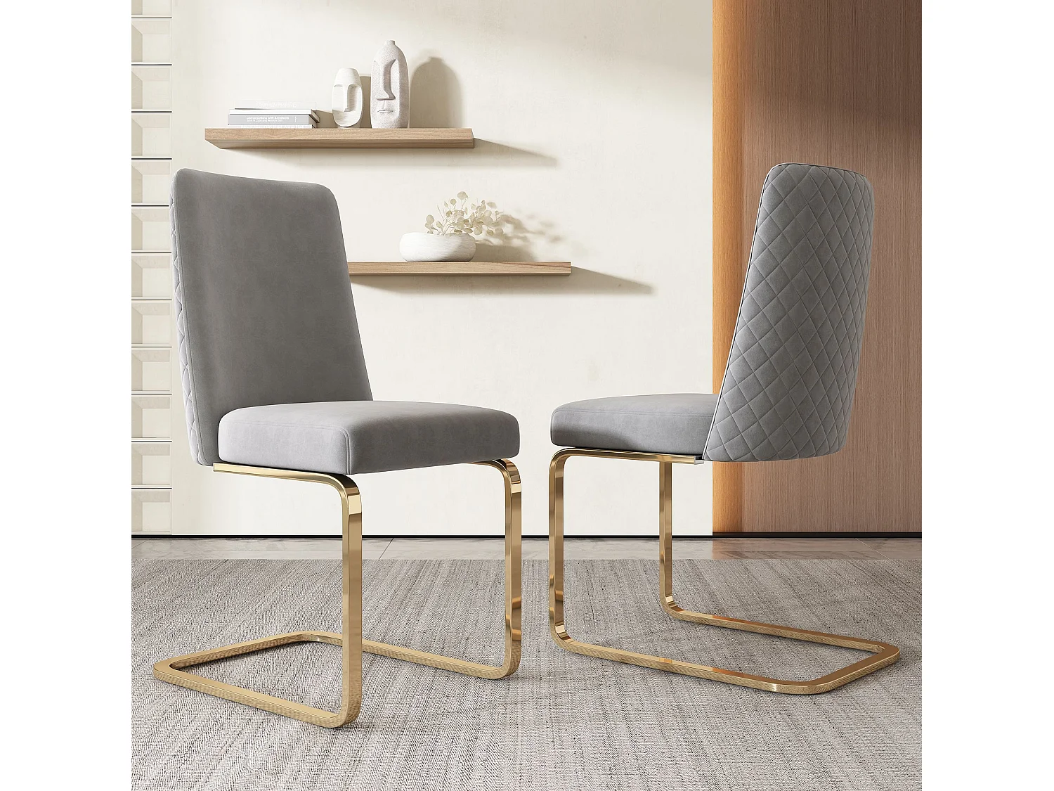 Lot de 4 chaises de salle à manger, velours gris, chaise avec dossier rembourré, pieds dorés