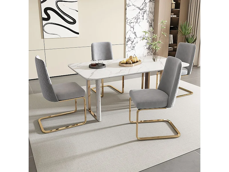 Lot de 4 chaises de salle à manger, velours gris, chaise avec dossier rembourré, pieds dorés