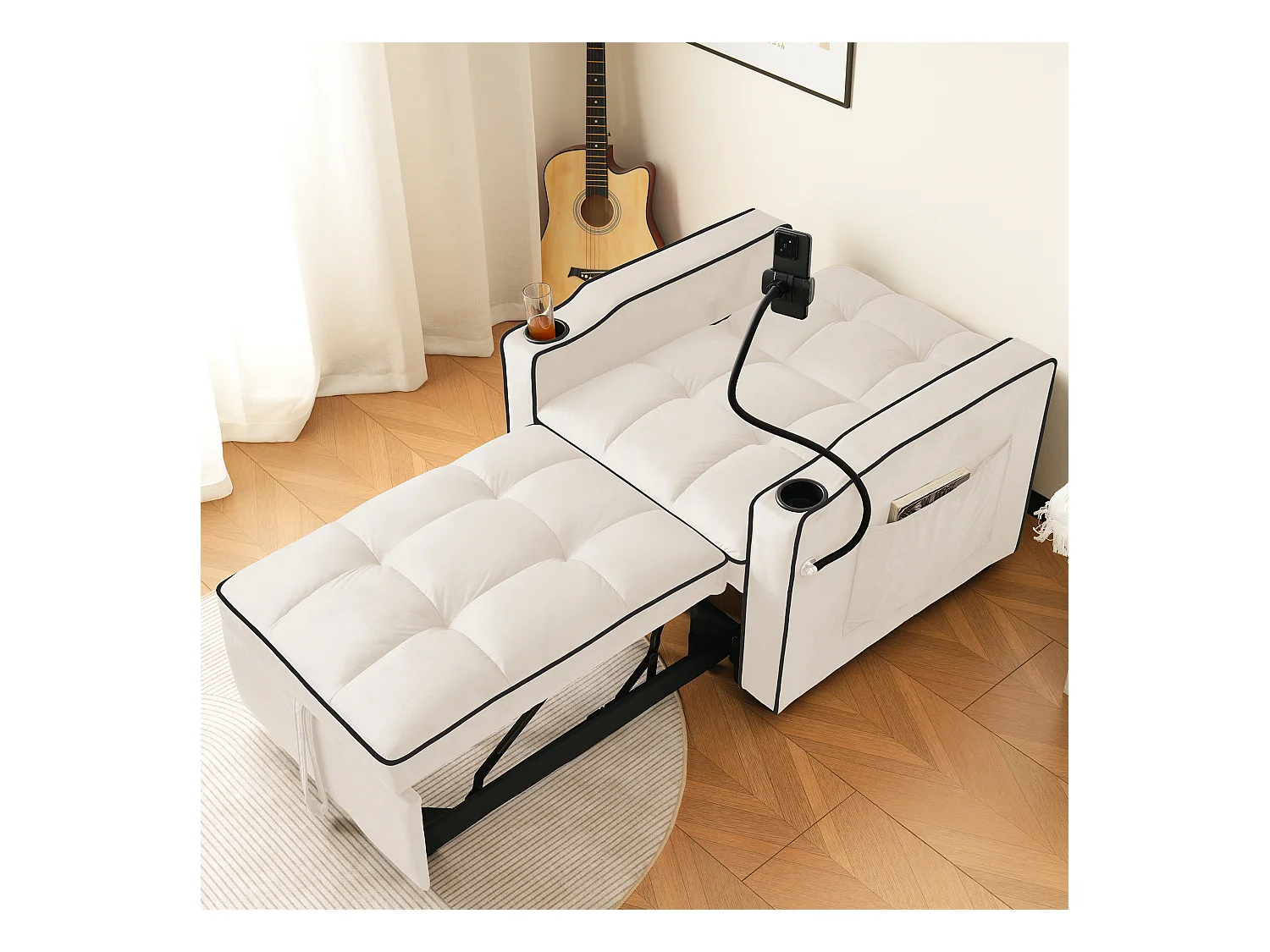 Canapé convertible, velours beige, Canapé simple avec support téléphone et porte-gobelet, pour salon et chambre