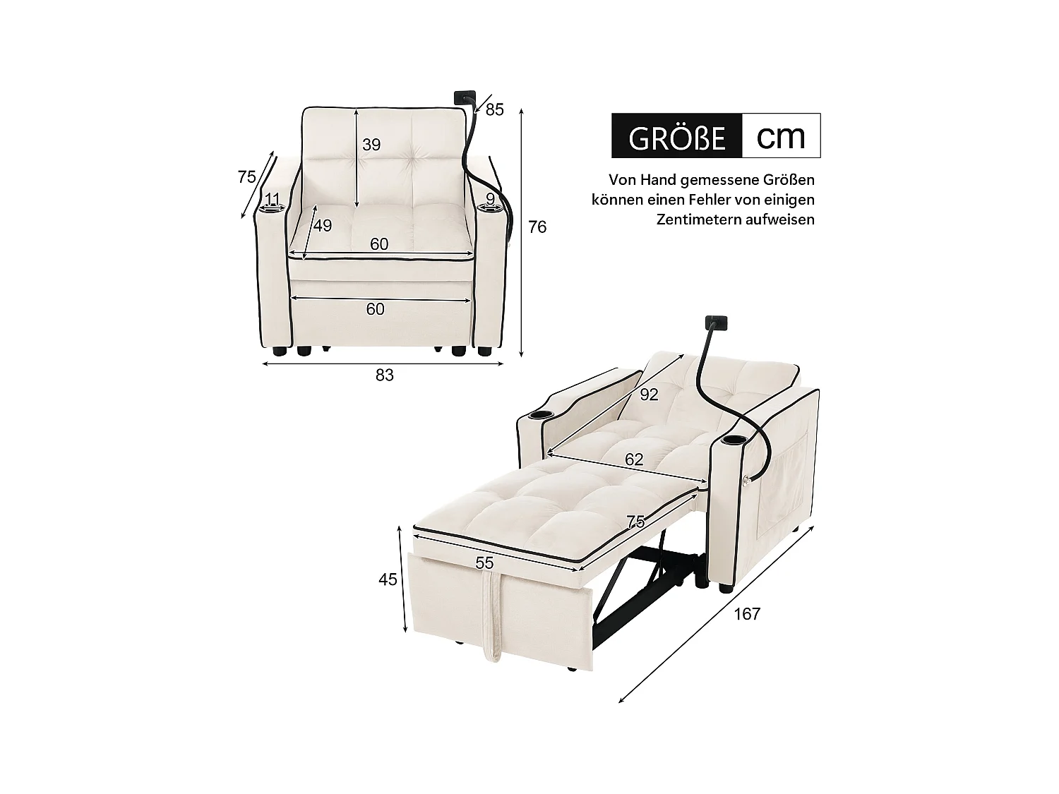 Canapé convertible, velours beige, Canapé simple avec support téléphone et porte-gobelet, pour salon et chambre