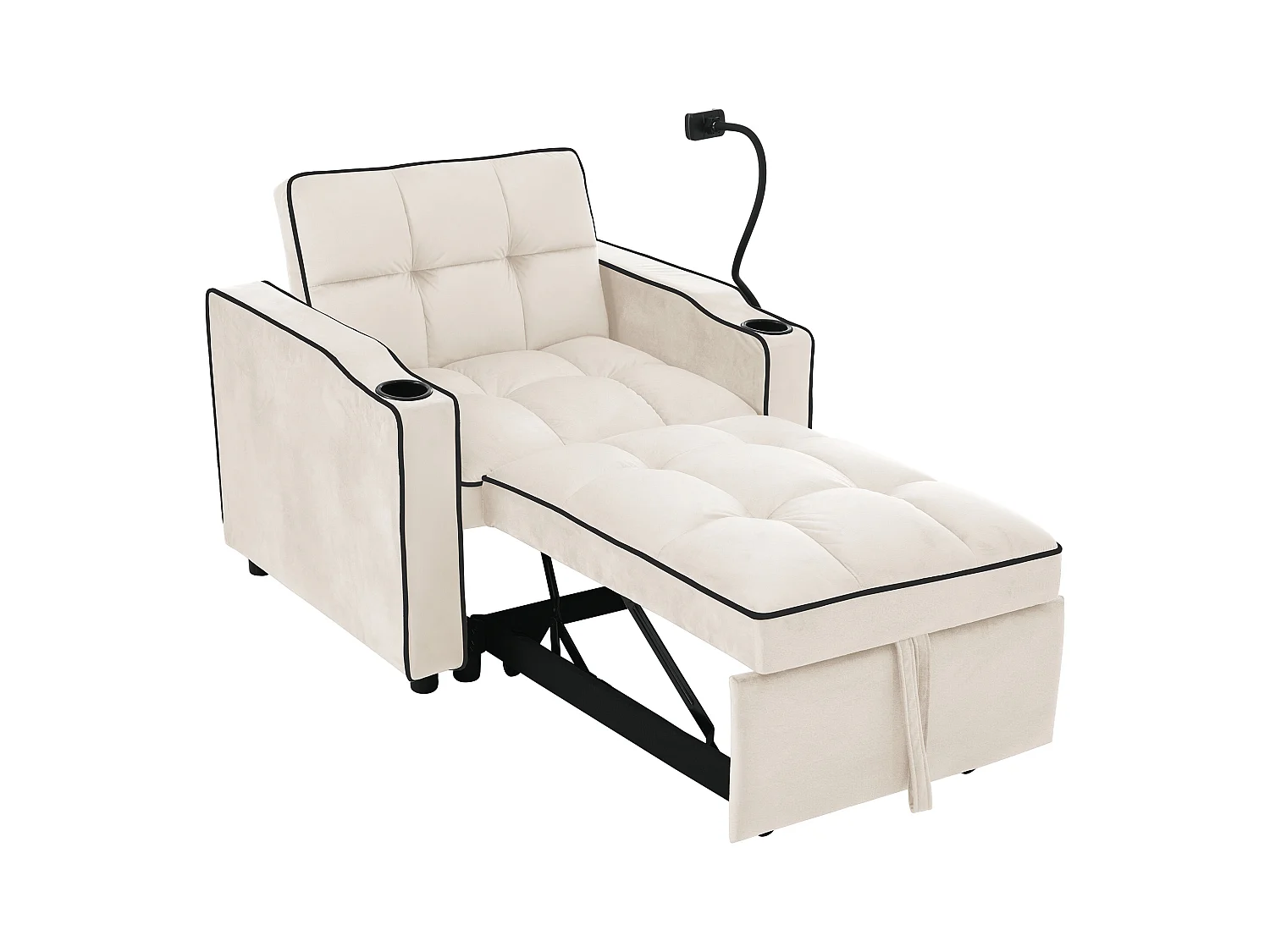 Canapé convertible, velours beige, Canapé simple avec support téléphone et porte-gobelet, pour salon et chambre