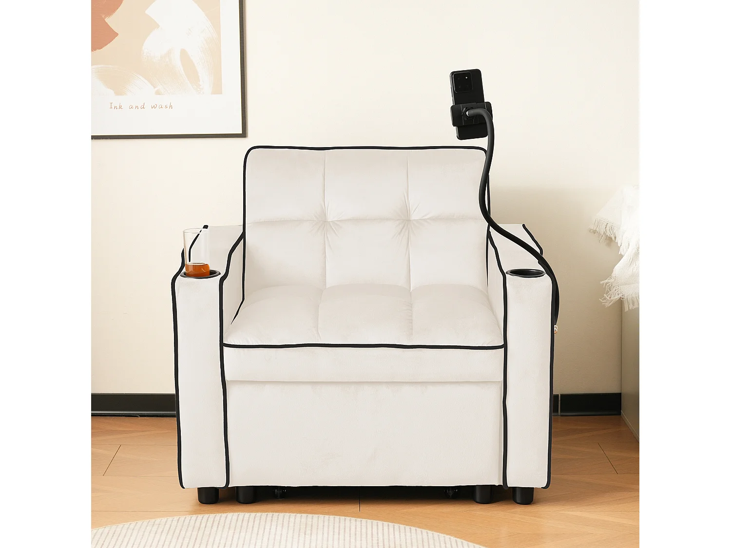 Canapé convertible, velours beige, Canapé simple avec support téléphone et porte-gobelet, pour salon et chambre