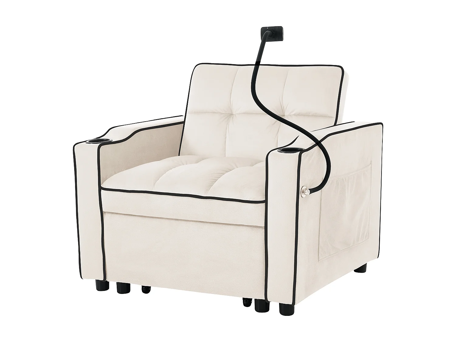 Canapé convertible, velours beige, Canapé simple avec support téléphone et porte-gobelet, pour salon et chambre