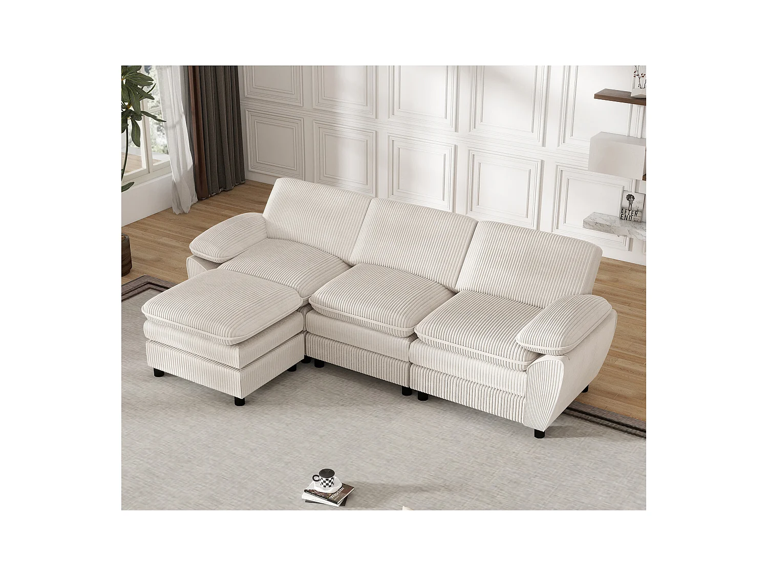 Canapé 3 places, velours côtelé blanc, canapé avec coussins et repose-pieds amovible, pour salon et bureau