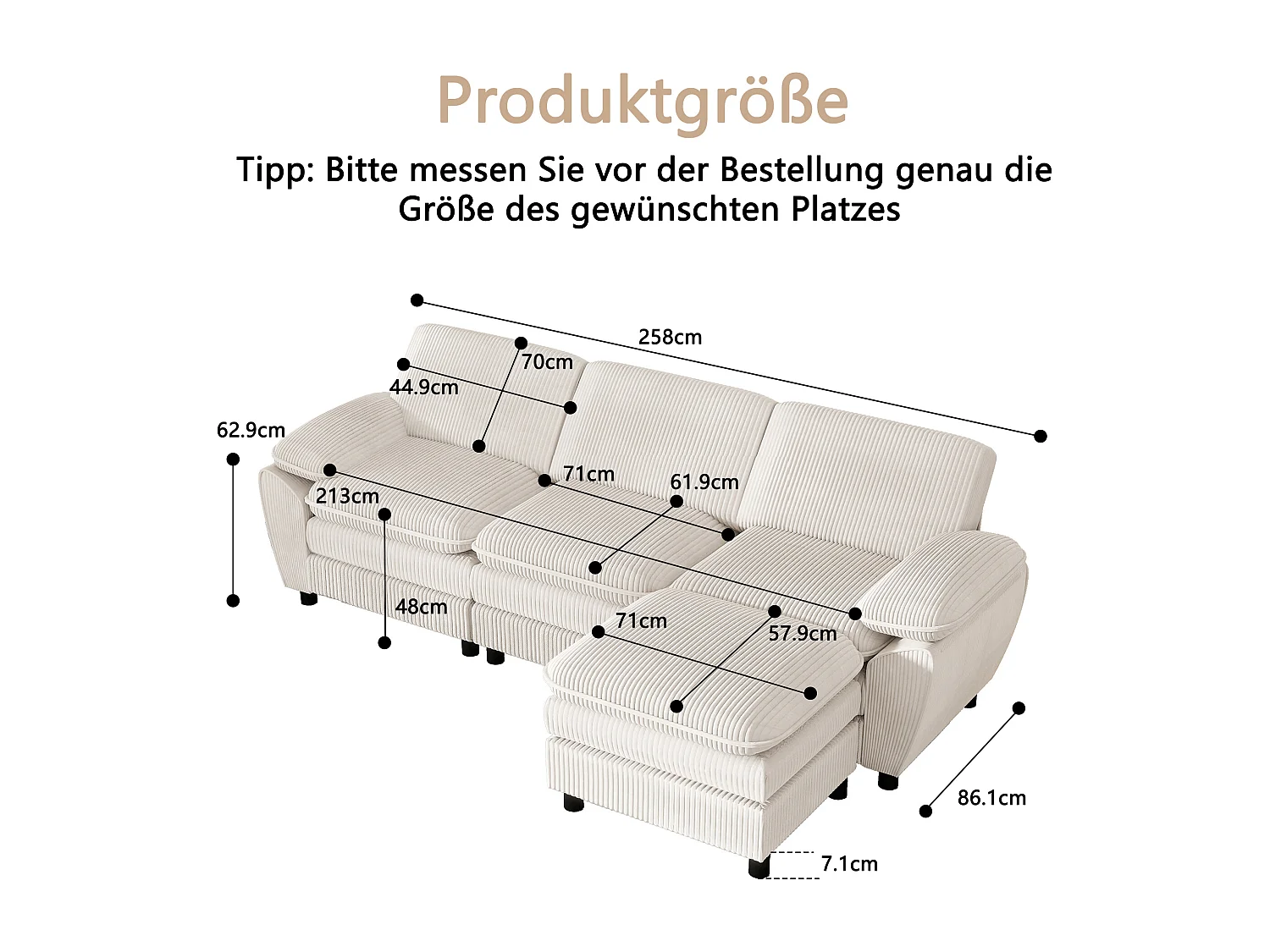 Sofa trzyosobowa, biały sztruks, sofa z poduszkami i zdejmowanym podnóżkiem, do salonu i biura