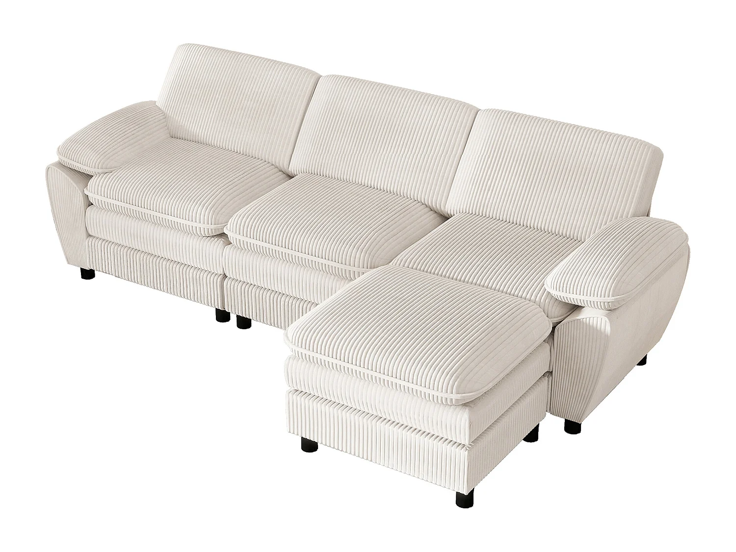 Sofa trzyosobowa, biały sztruks, sofa z poduszkami i zdejmowanym podnóżkiem, do salonu i biura