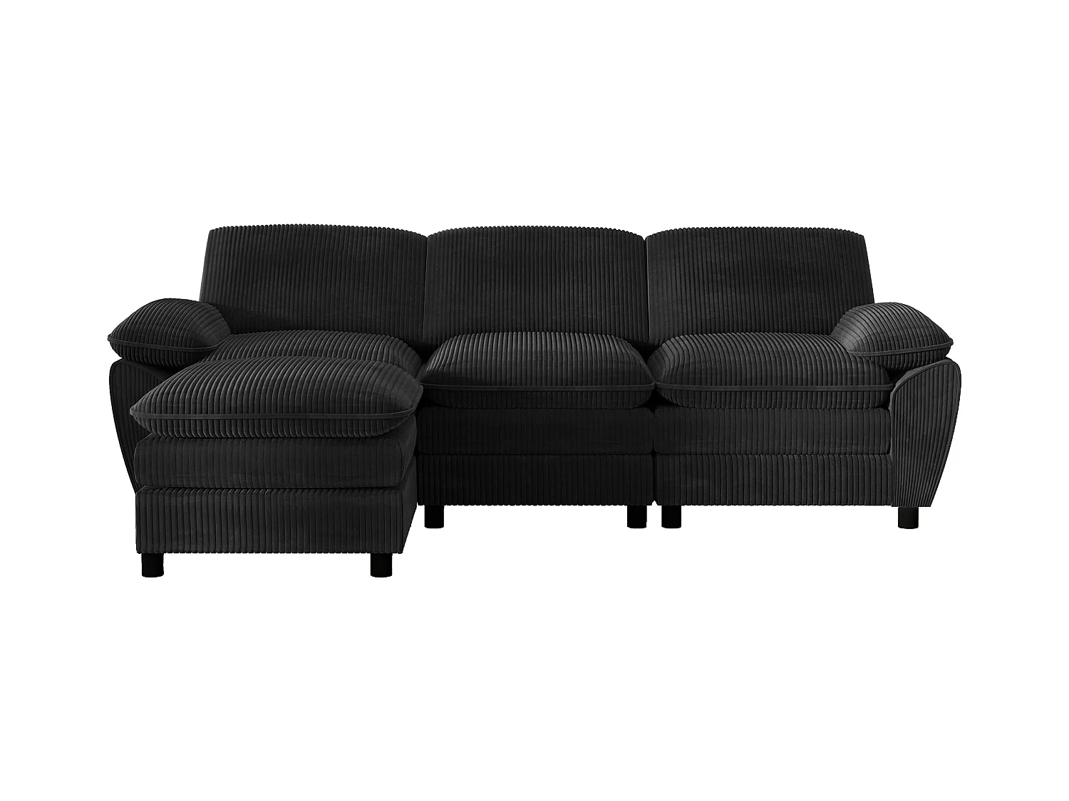 Sofa trzyosobowa, czarny sztruks, sofa z poduszkami i wyjmowanym podnóżkiem, do salonu i biura