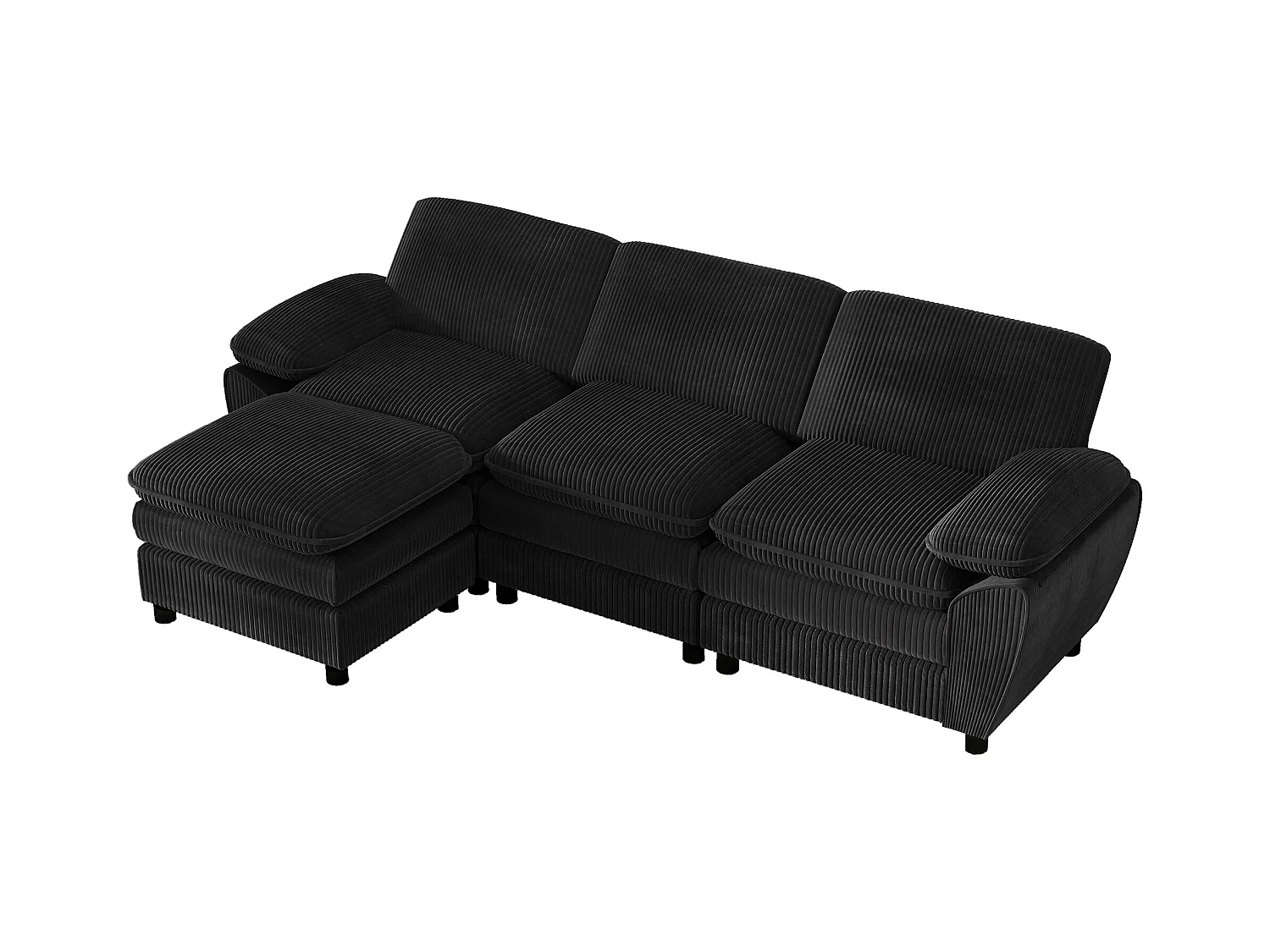 Sofa trzyosobowa, czarny sztruks, sofa z poduszkami i wyjmowanym podnóżkiem, do salonu i biura