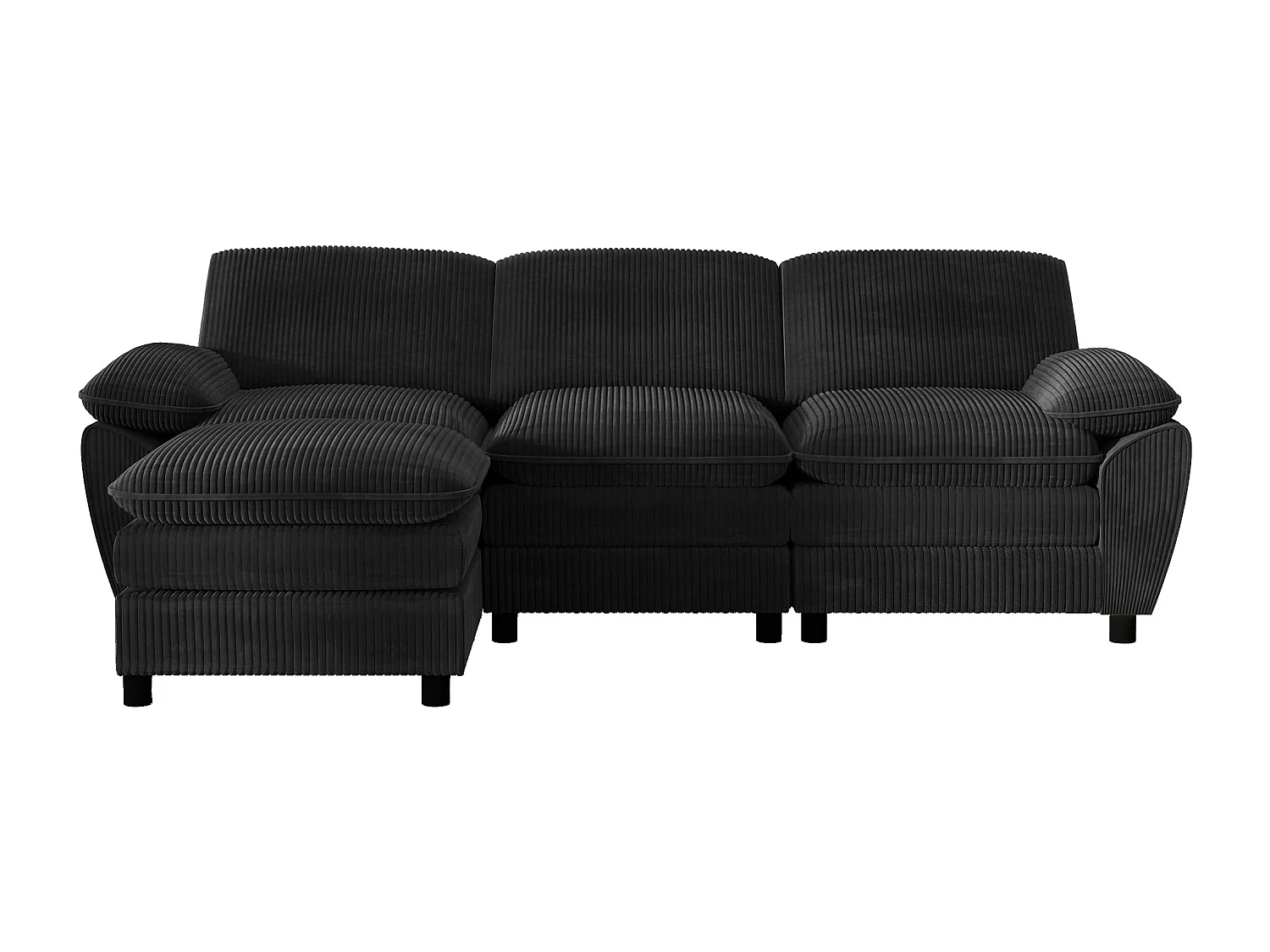 Sofa trzyosobowa, czarny sztruks, sofa z poduszkami i wyjmowanym podnóżkiem, do salonu i biura