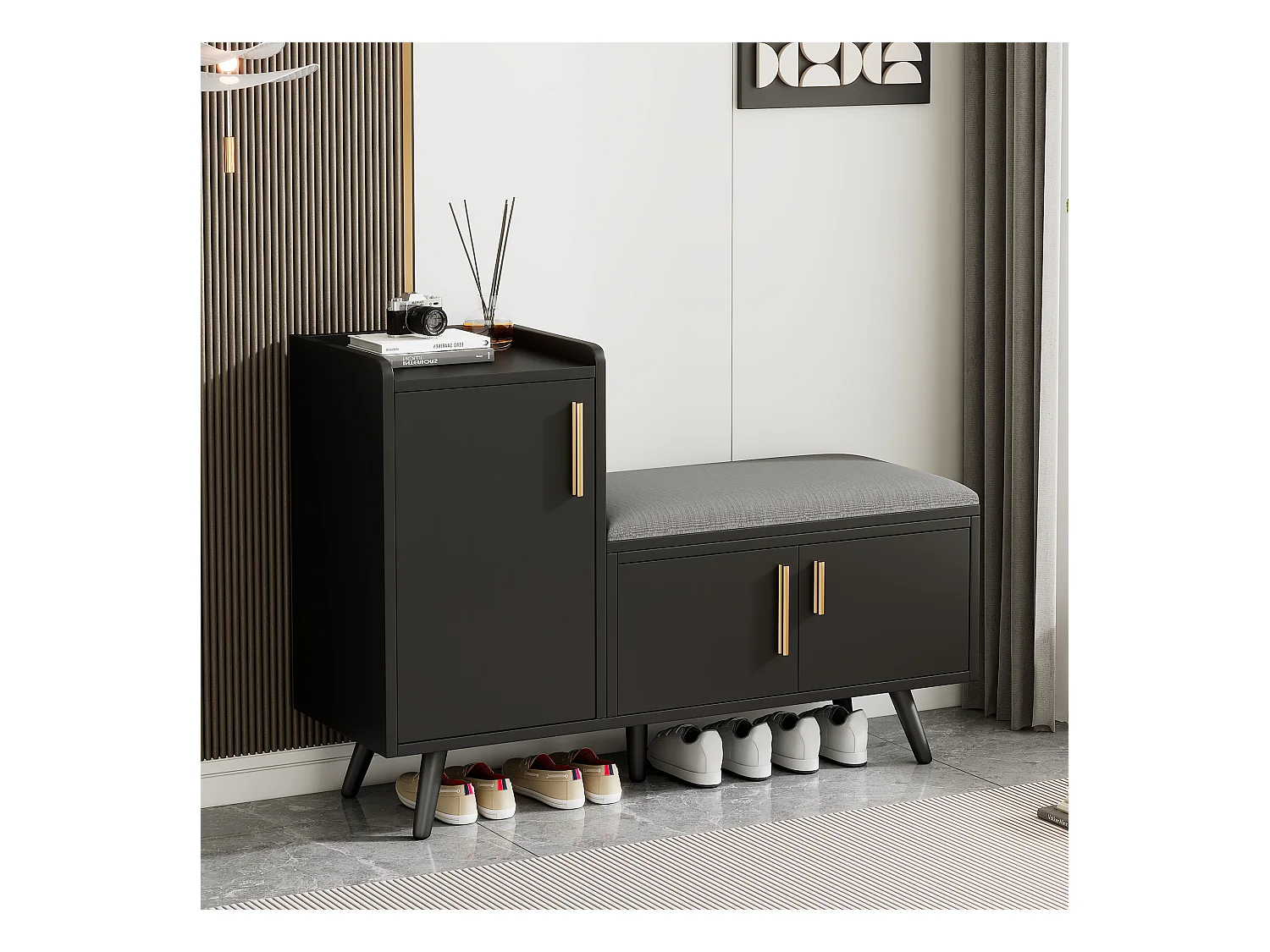 Moderne schwarze Schuhbank, 3 Türen mit Metallgriffen, gepolsterte Sitzfläche, 100 x 34 x 69 cm