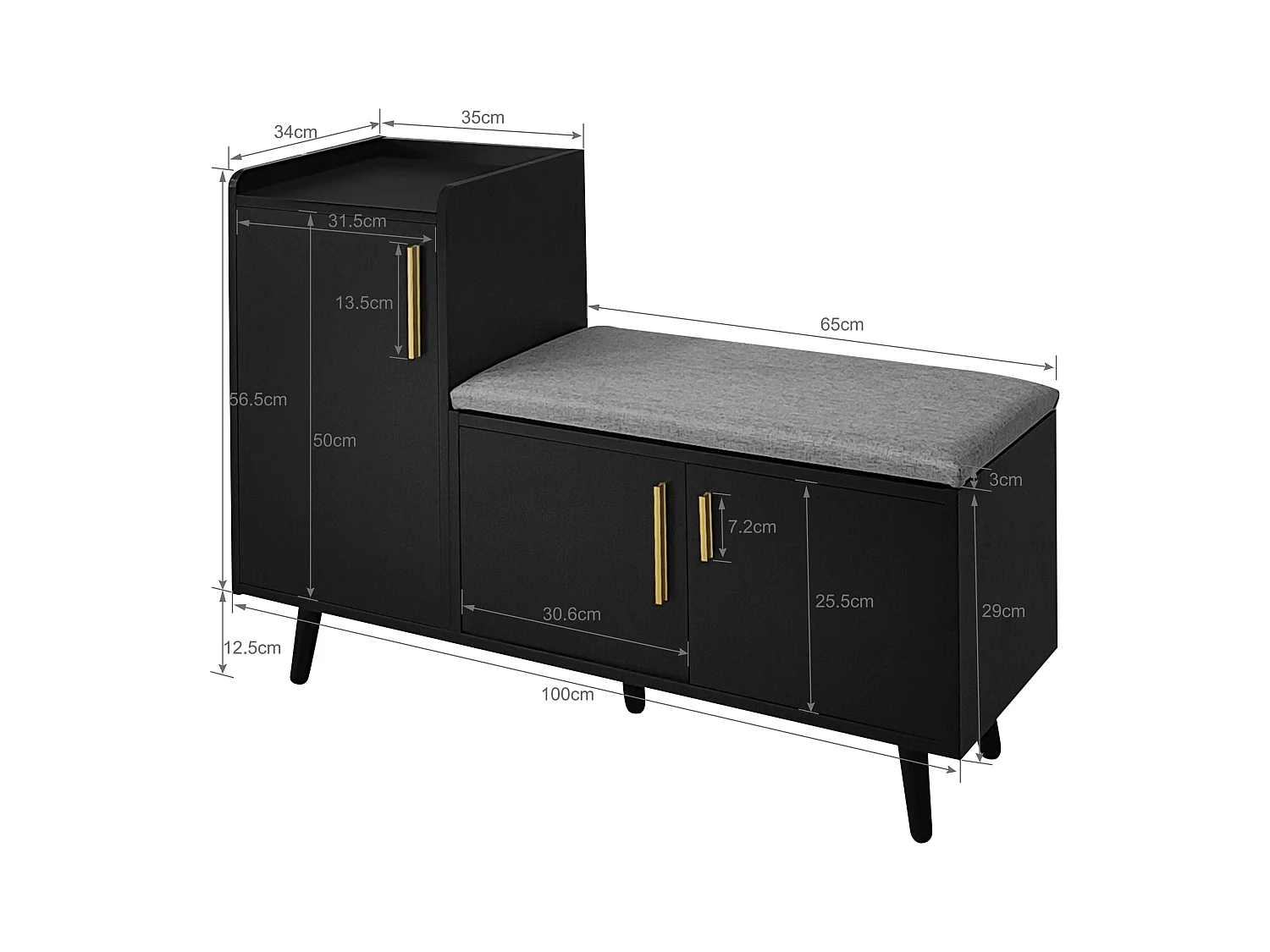 Moderne schwarze Schuhbank, 3 Türen mit Metallgriffen, gepolsterte Sitzfläche, 100 x 34 x 69 cm