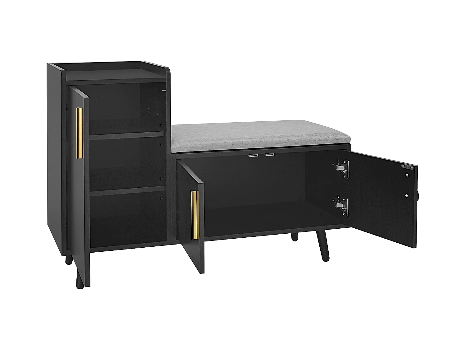 Moderne schwarze Schuhbank, 3 Türen mit Metallgriffen, gepolsterte Sitzfläche, 100 x 34 x 69 cm