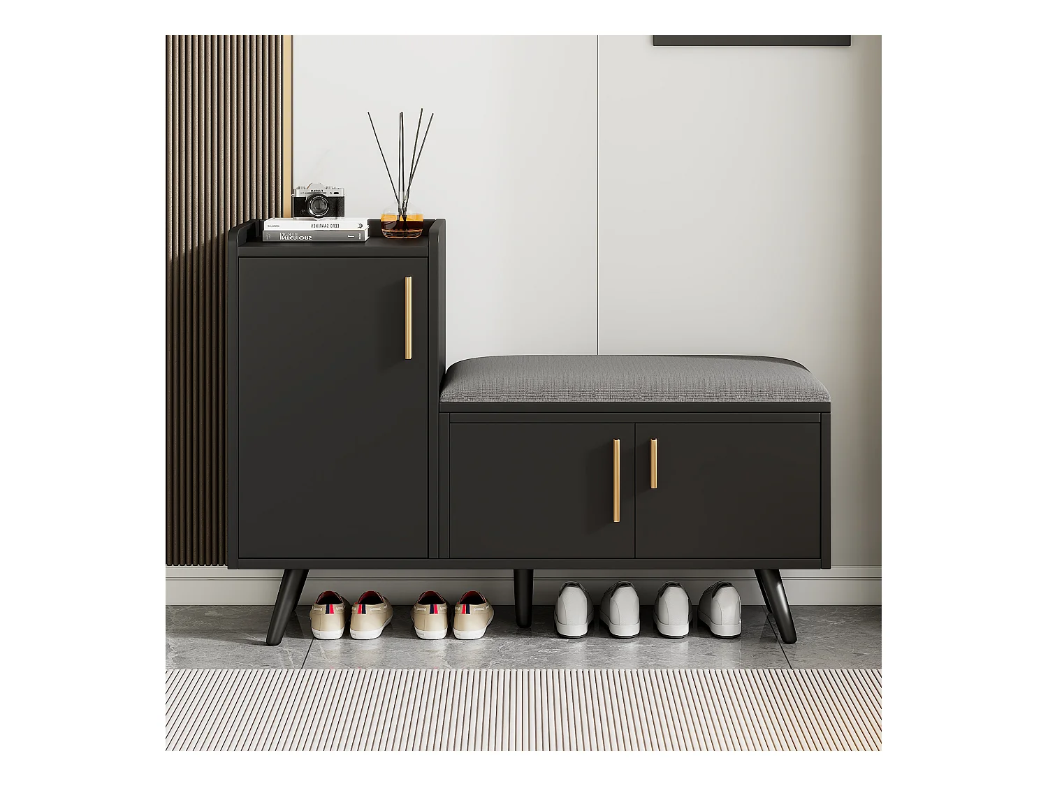 Banc à chaussures moderne noir, 3 portes avec poignées métal, assise rembourrée, 100x34x69 cm