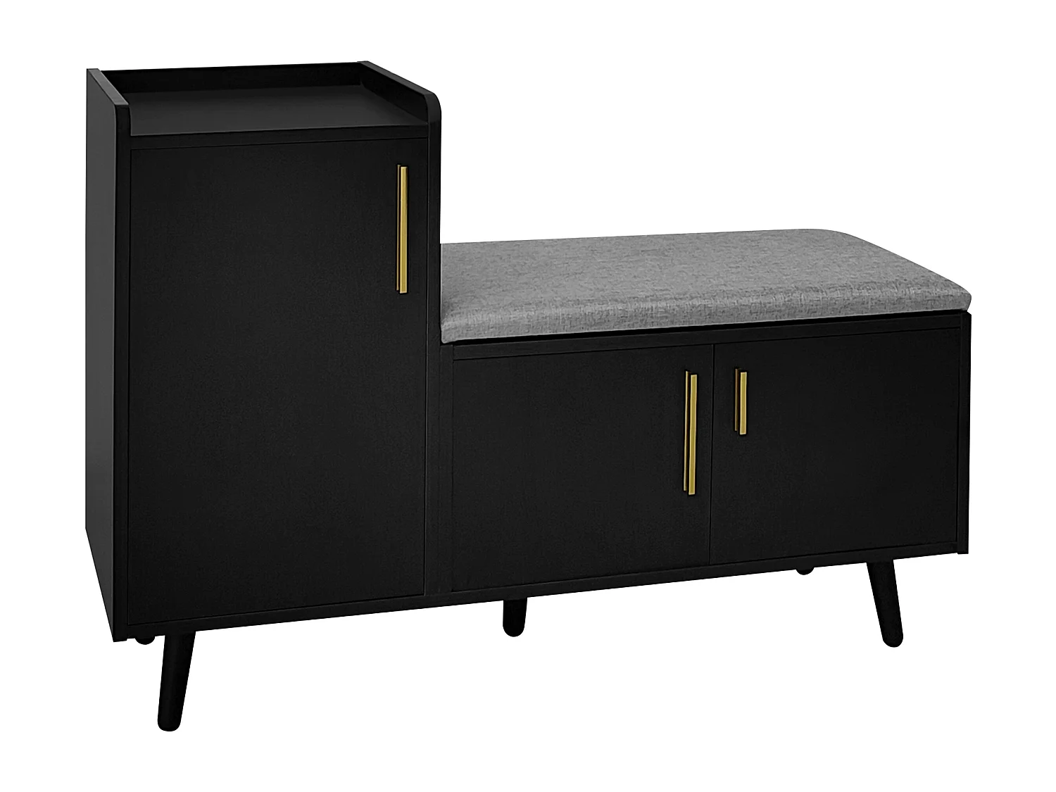 Banc à chaussures moderne noir, 3 portes avec poignées métal, assise rembourrée, 100x34x69 cm