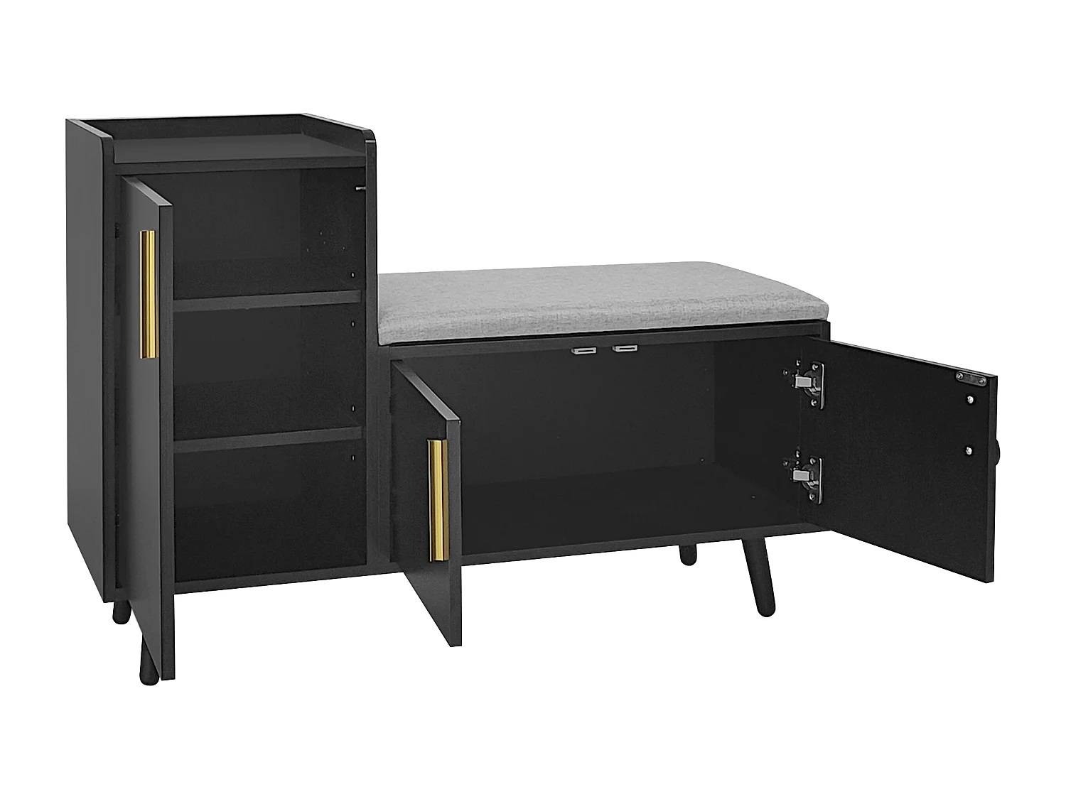 Banc à chaussures moderne noir, 3 portes avec poignées métal, assise rembourrée, 100x34x69 cm