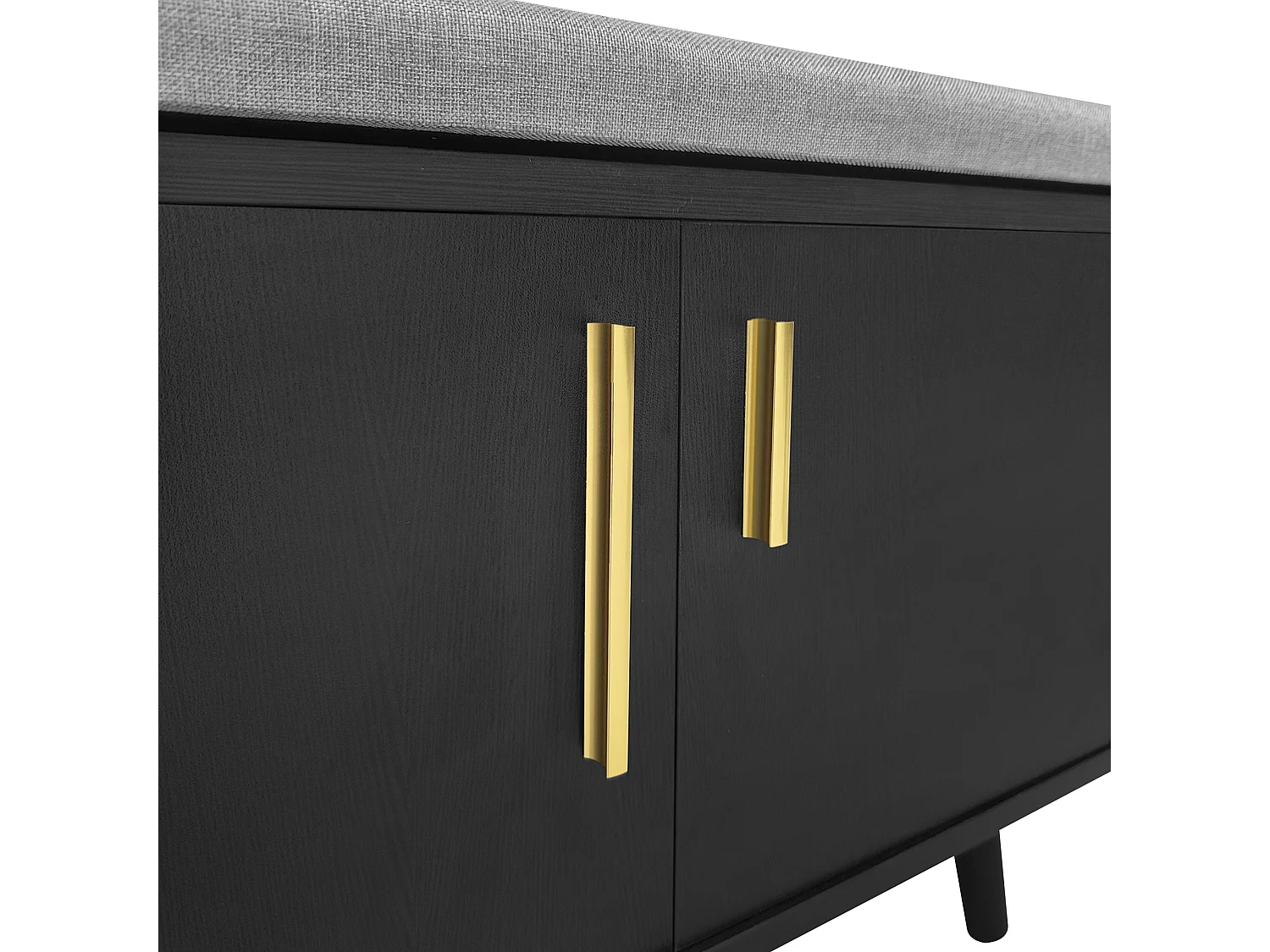 Banc à chaussures moderne noir, 3 portes avec poignées métal, assise rembourrée, 100x34x69 cm