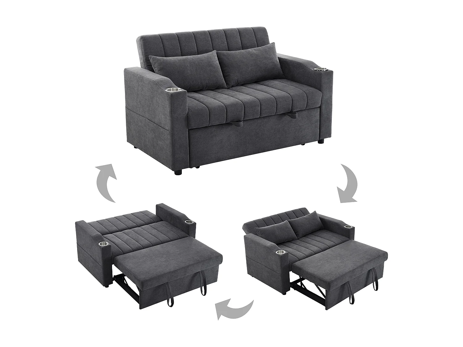 Sofá plegable de 2 plazas, terciopelo gris, con respaldo ajustable y portavasos, para salón o dormitorio