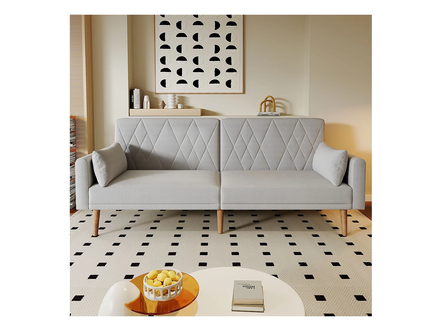 Canapé 2 places en velours gris, Dossier et accoudoirs réglables, design moderne, pour salon ou chambre