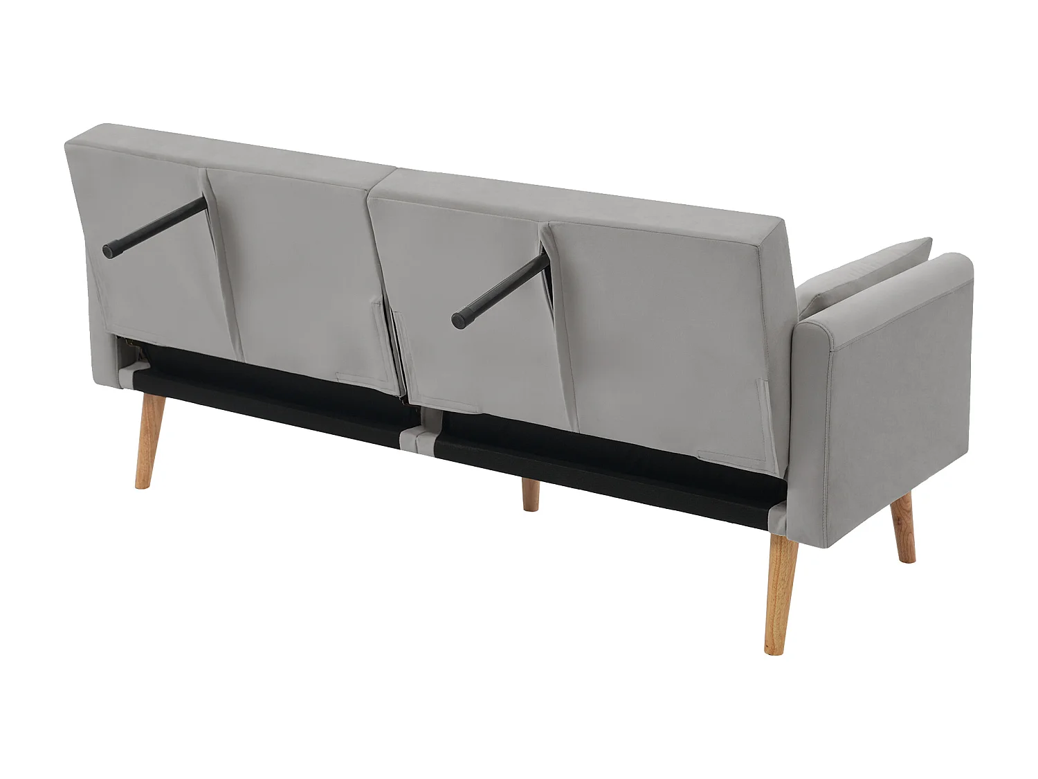 Szara, welurowa sofa dwuosobowa, regulowane oparcie i podłokietniki, nowoczesny design, do salonu lub sypialni